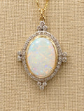 Vintage Edwardian Revival Opal and Diamond Pendant Necklace in 18K Gold with 18K Chain