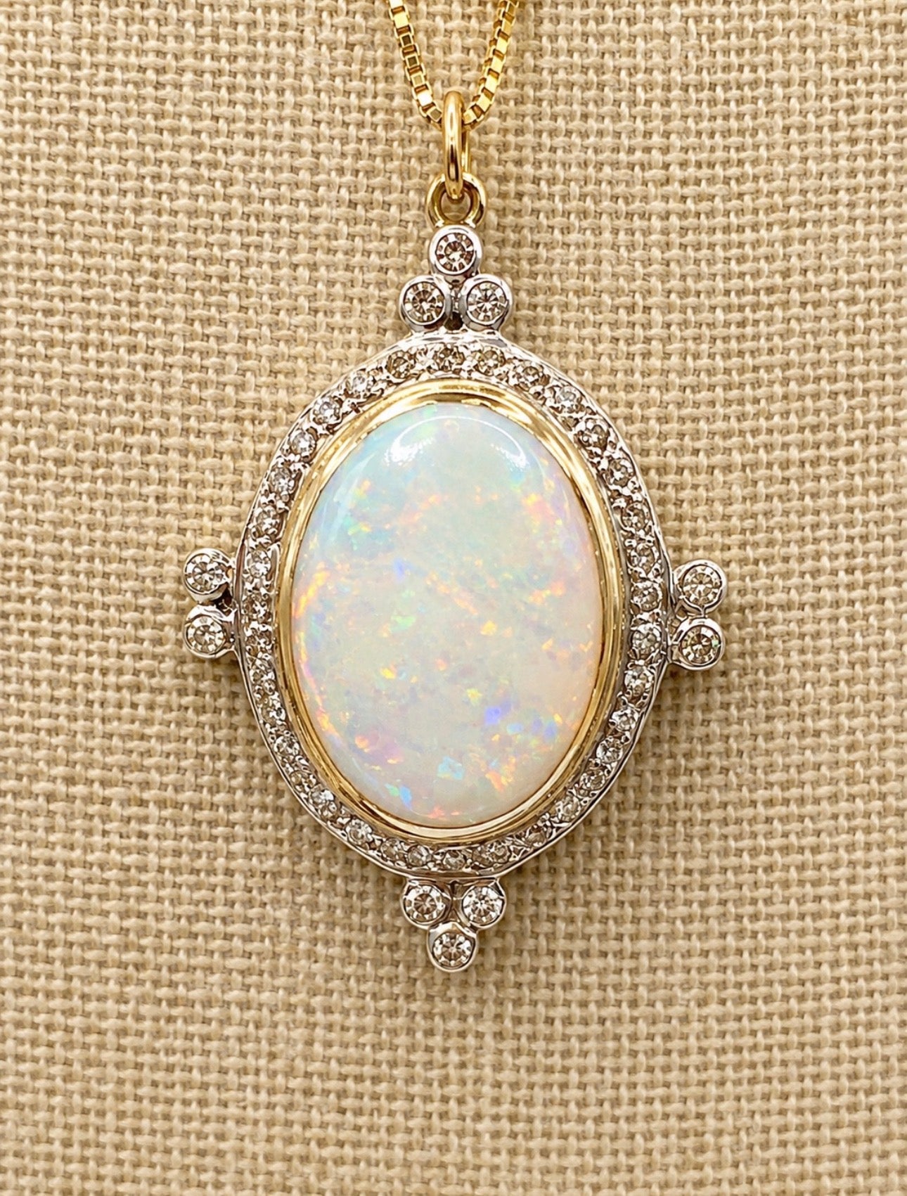 Vintage Edwardian Revival Opal and Diamond Pendant Necklace in 18K Gold with 18K Chain