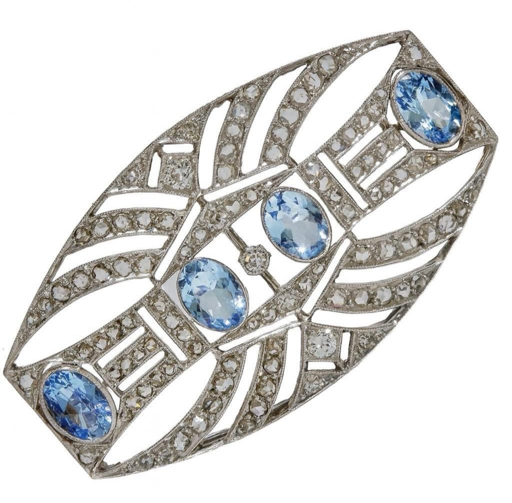 ART DECO PLATINUM, 18K Gold, Diamonds and Aquamarines Brooch c1920’s