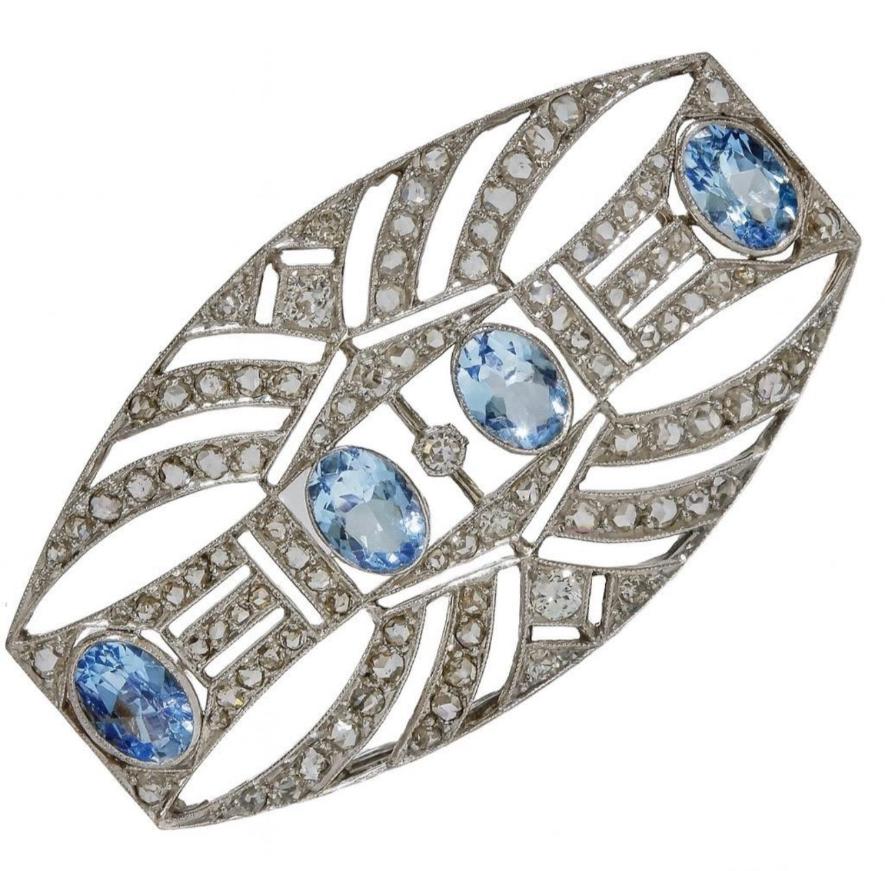 ART DECO PLATINUM, 18K Gold, Diamonds and Aquamarines Brooch c1920’s