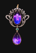EDWARDIAN CABOCHON AMETHYST Diamonds and Emerald Silver Gilt Pendant