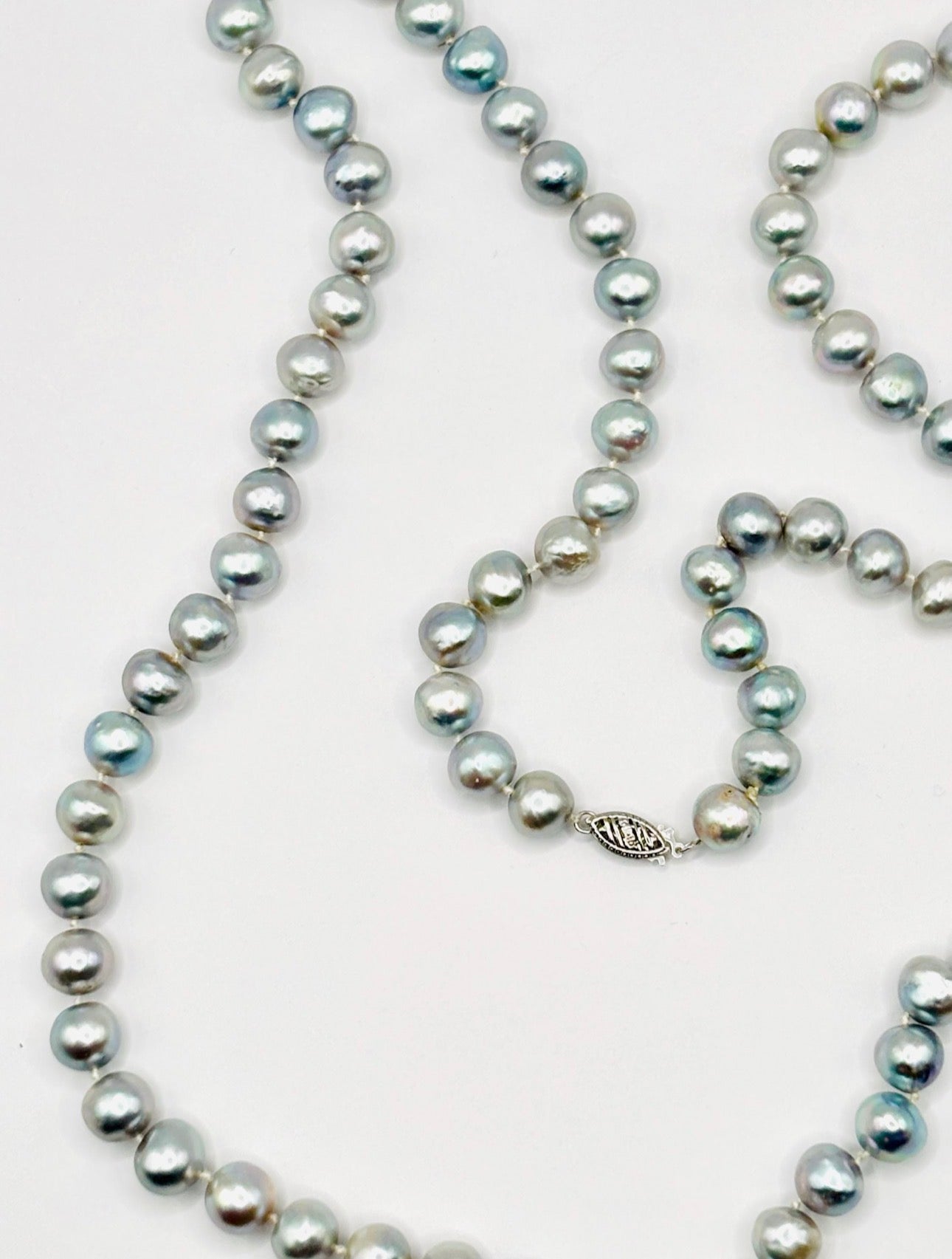 Long Grey Cultured Freshwater Pearl Opera Necklace, 8mm Knotted Strand, 14K Gold Clasp, 96cm