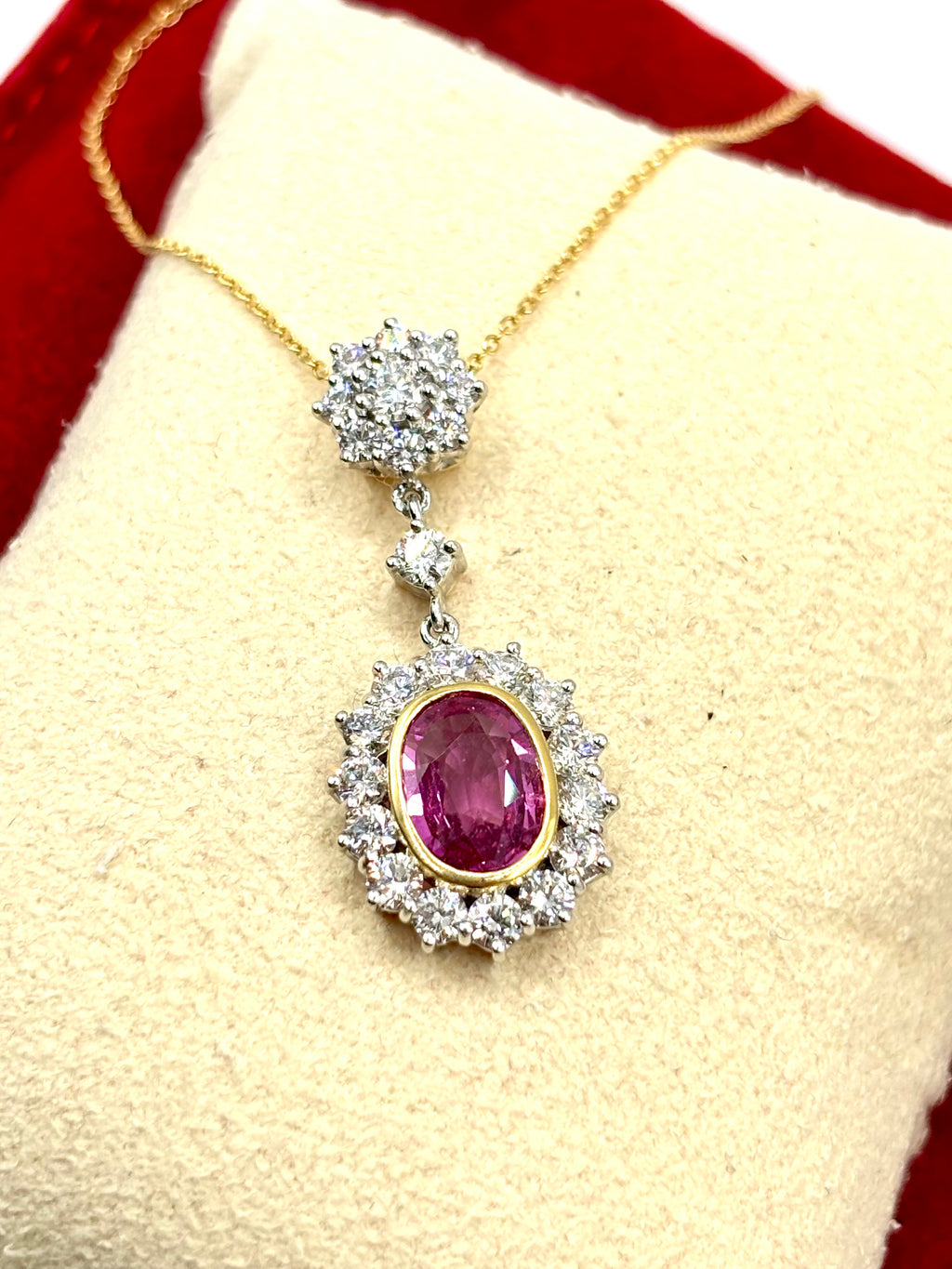 Certified Madagascar Pink Sapphire, Diamond Cluster Pendant Necklace 18K Gold