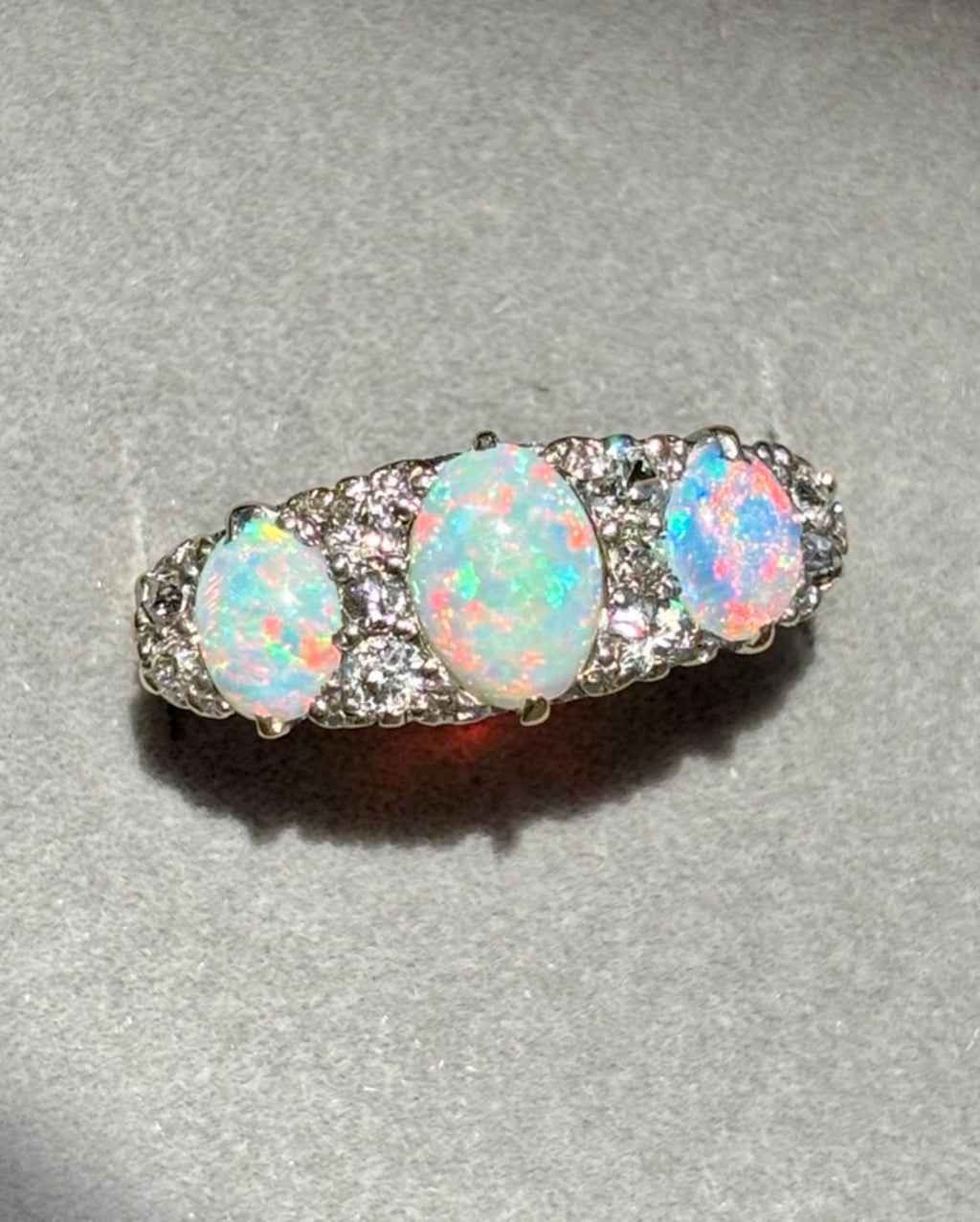 Antique Victorian Australian Opal & Old Cut Diamond Ring, Circa 1890s, 18ct Gold