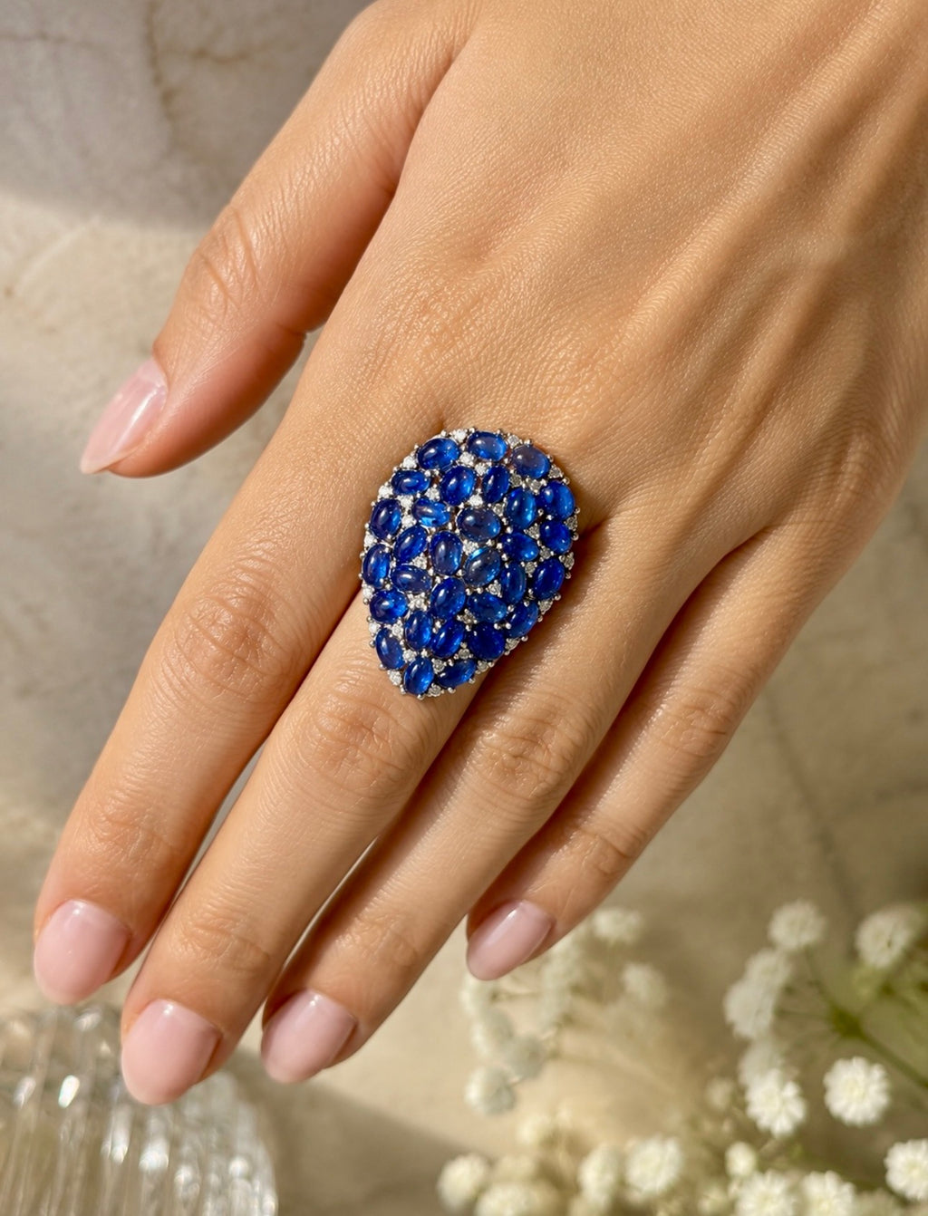 Natural Sapphire Cabochon and Diamond Statement Cocktail Ring, 13 Carats, 18K Gold & SIlver