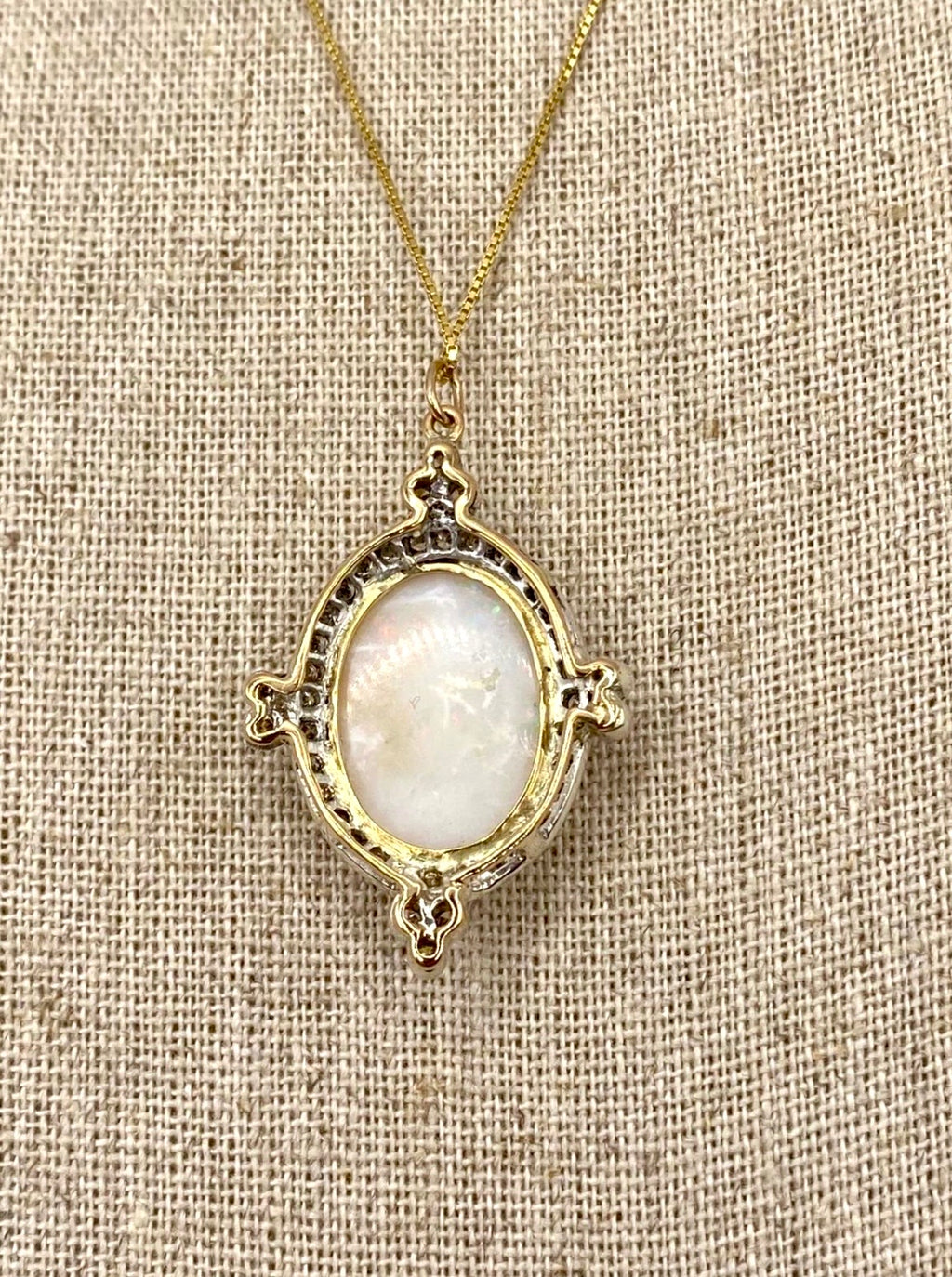 Vintage Edwardian Revival Opal and Diamond Pendant Necklace in 18K Gold with 18K Chain