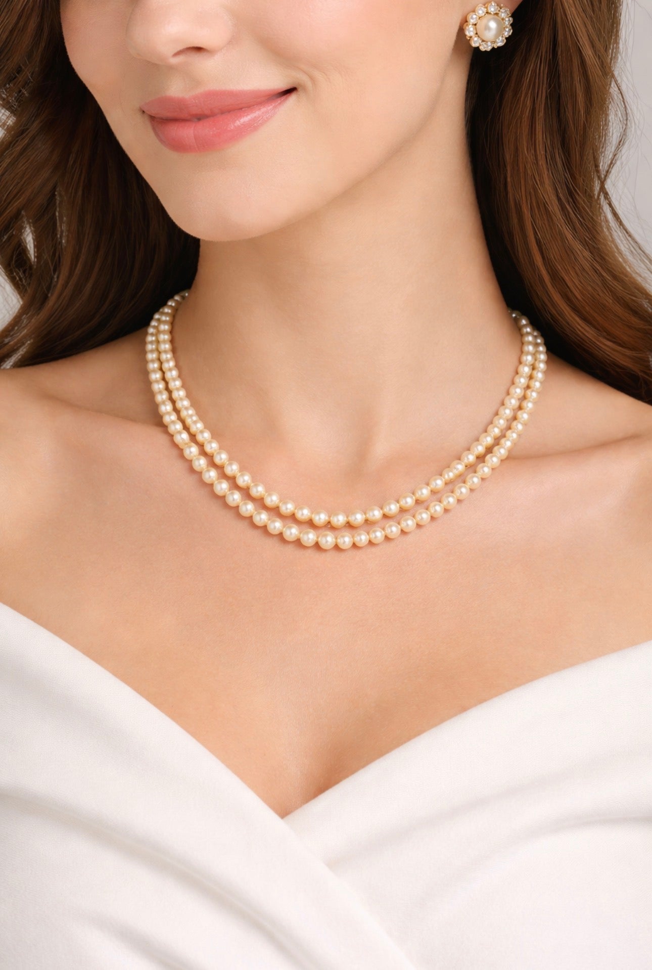 Vintage Double Strand Cultured Pearl Necklace, Graduated, Gold & Pearls Clasp