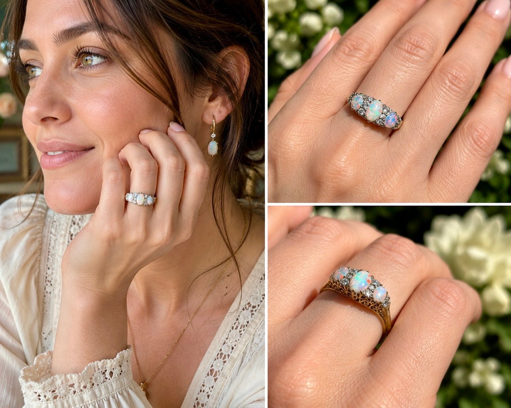 Antique Victorian Australian Opal & Old Cut Diamond Ring, Circa 1890s, 18ct Gold