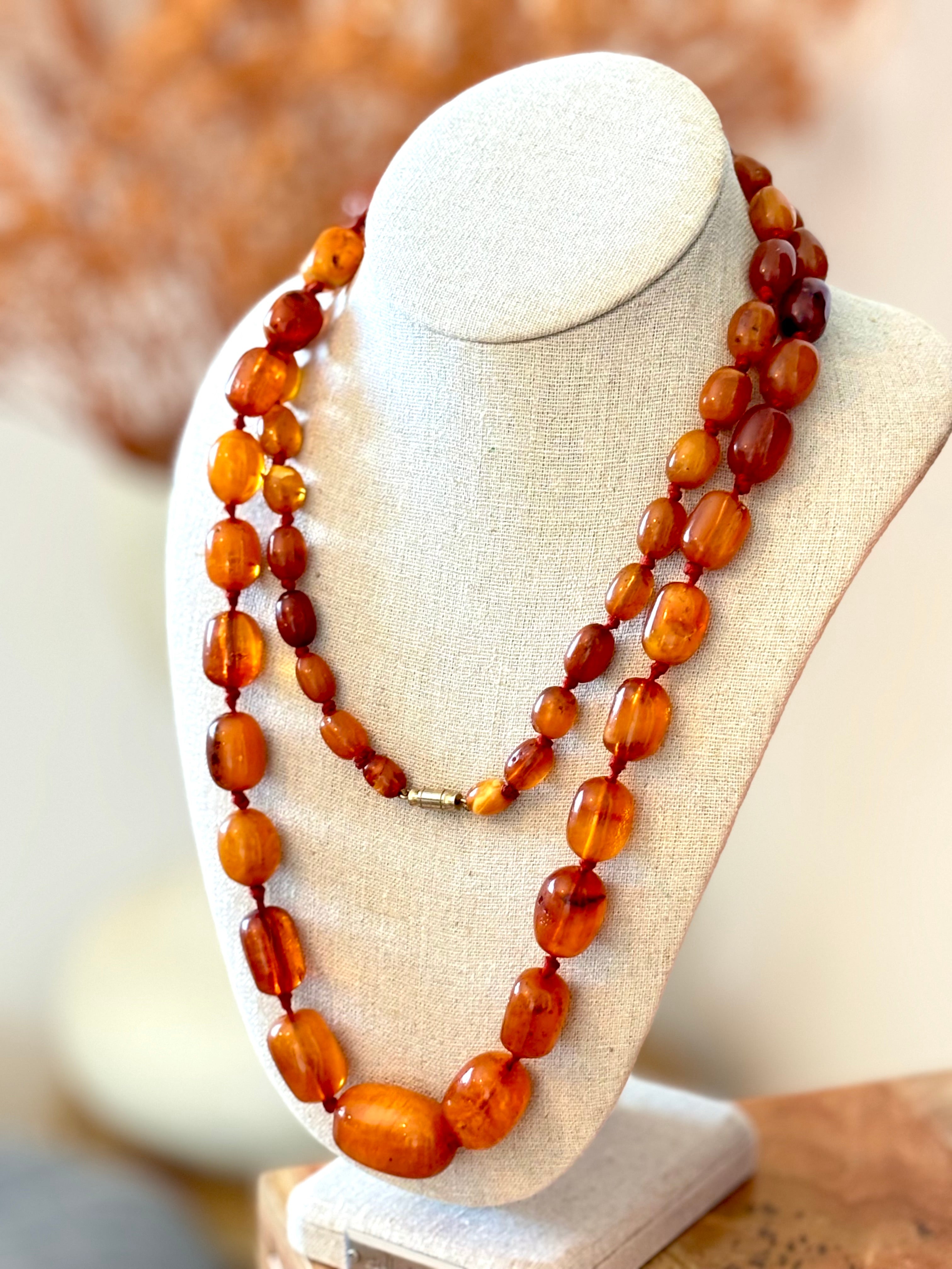Vintage Baltic Amber Necklace, 108cm long 90 Grams, 58 Cognac Butterscotch Beads