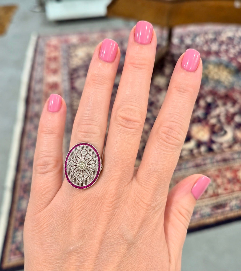 Art Deco Style Platinum Diamond, Calibre Ruby Plaque Ring, Old European Diamond 0.57 carats - overall diamond carat weight 2.07