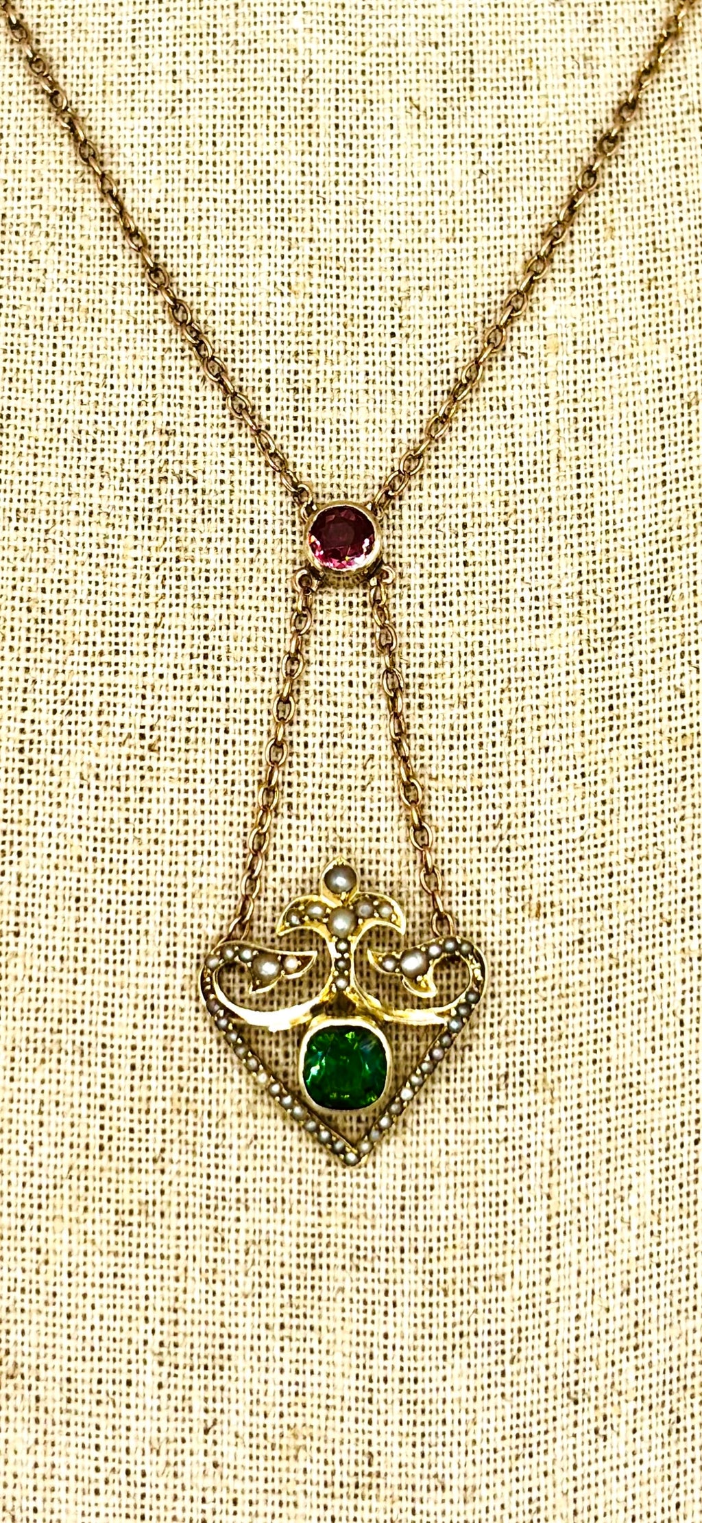 Edwardian 9ct Gold Pink & Apple Green Tourmaline Lavaliere Necklace with Pearls