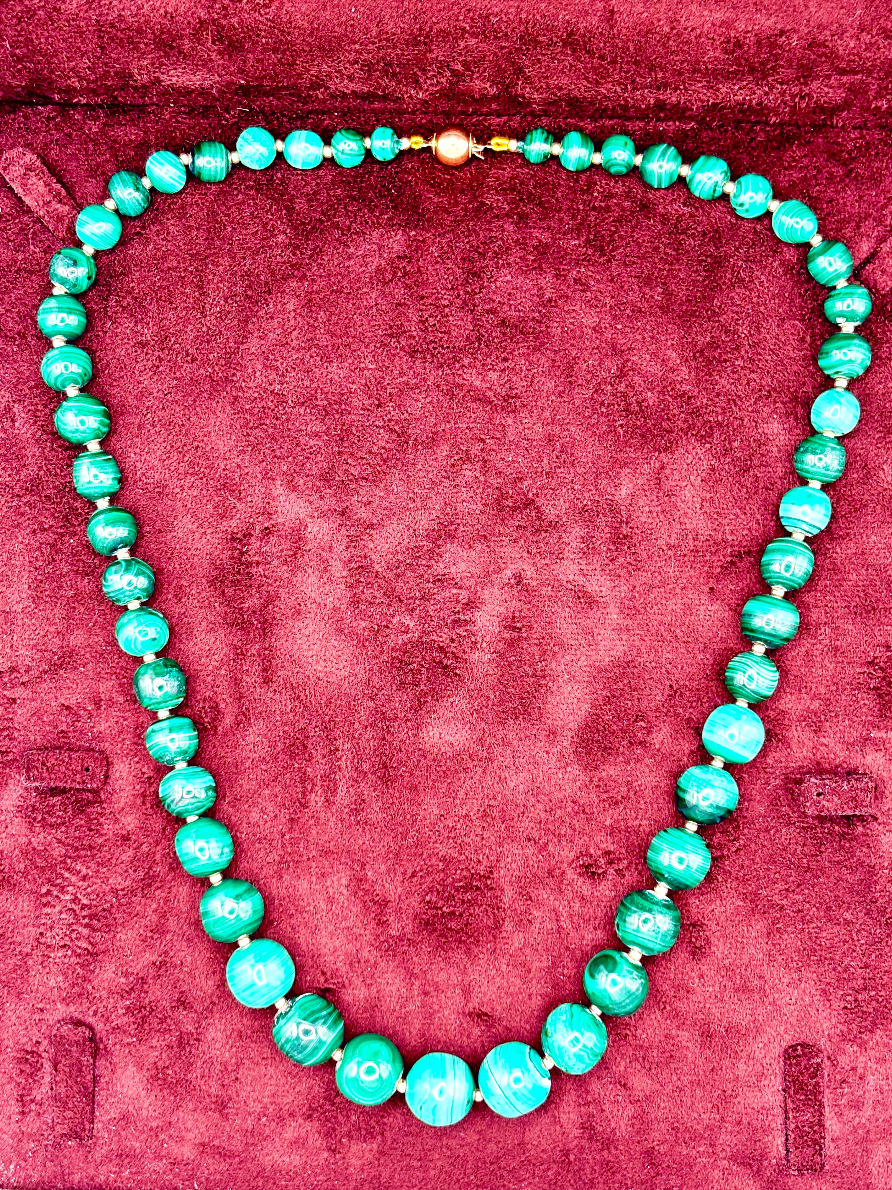 Vintage Malachite Bead Necklace, Graduated, 18k Gold Spacers & Clasp, 53cm long