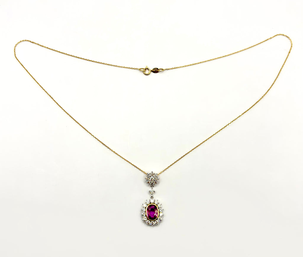 Certified Madagascar Pink Sapphire, Diamond Cluster Pendant Necklace 18K Gold