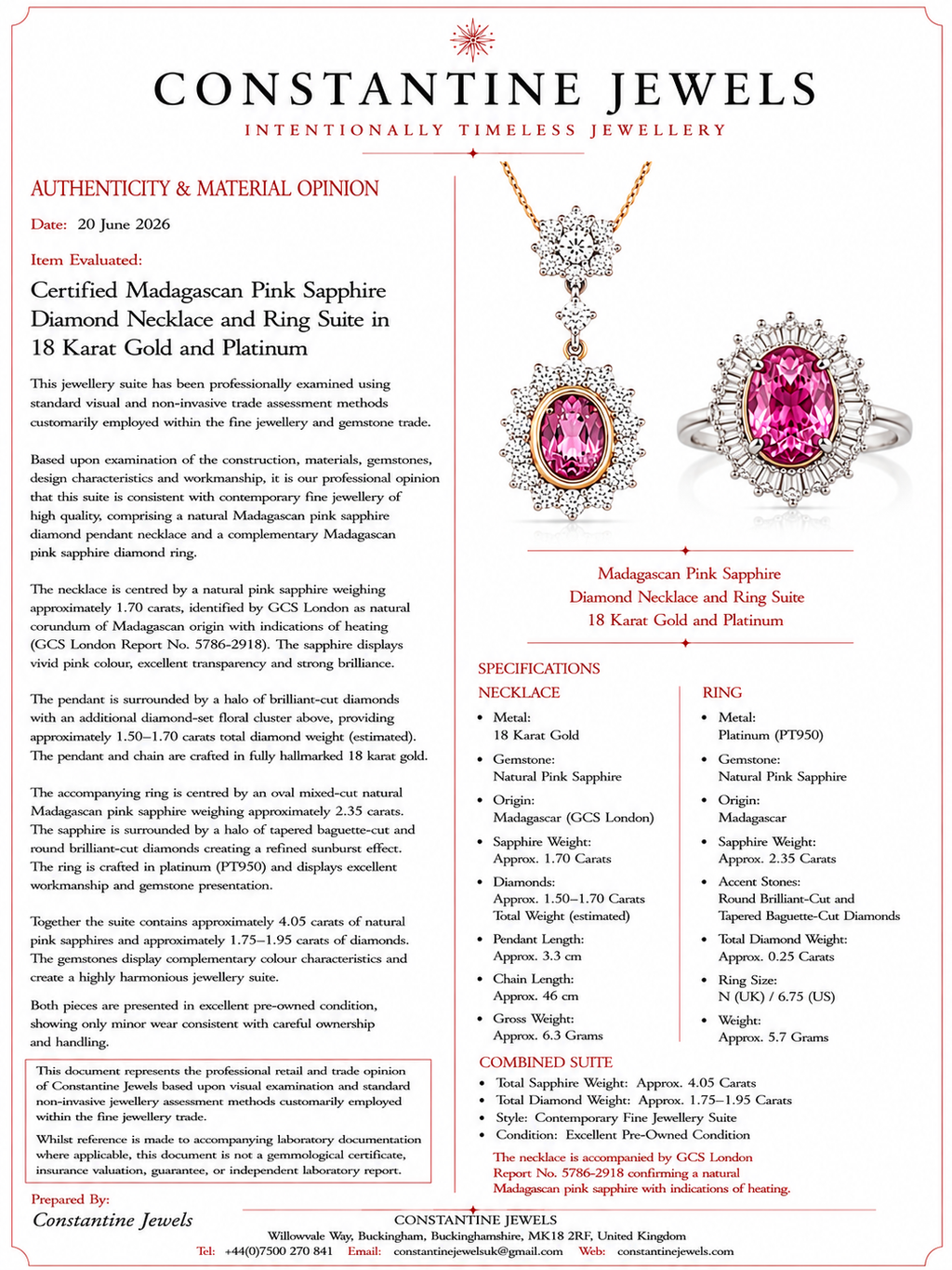 Natural Pink Sapphire Diamond Necklace and Ring Suite, GCS Certified