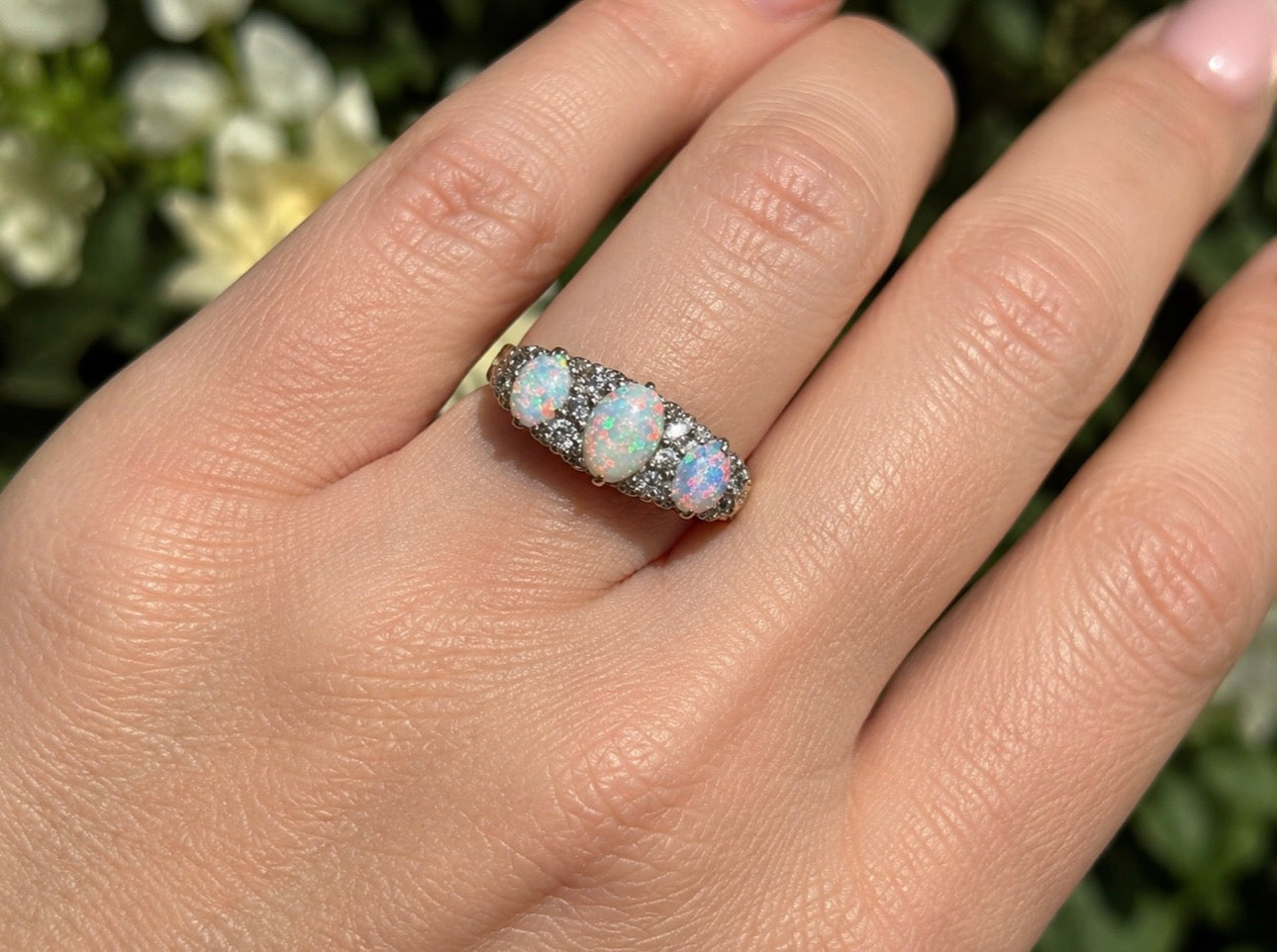 Antique Victorian Australian Opal & Old Cut Diamond Ring, Circa 1890s, 18ct Gold