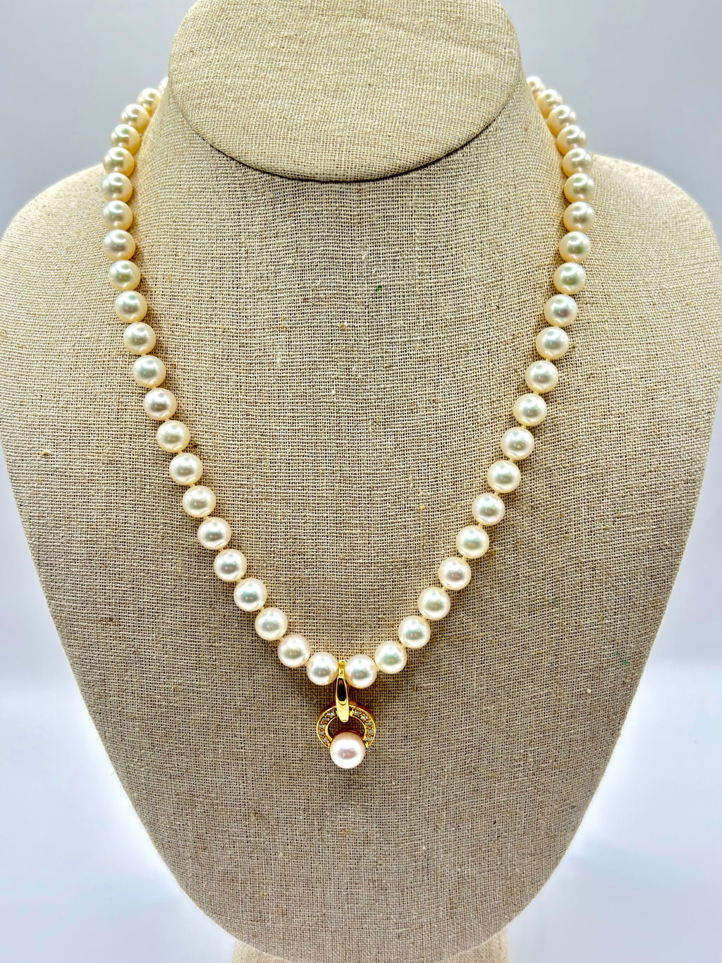 Mikimoto Cultured Akoya Pearl Necklace Suite, Diamond Pendant & Earrings, 18K Gold