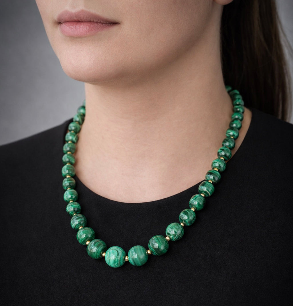 Vintage Malachite Bead Necklace, Graduated, 18k Gold Spacers & Clasp, 53cm long