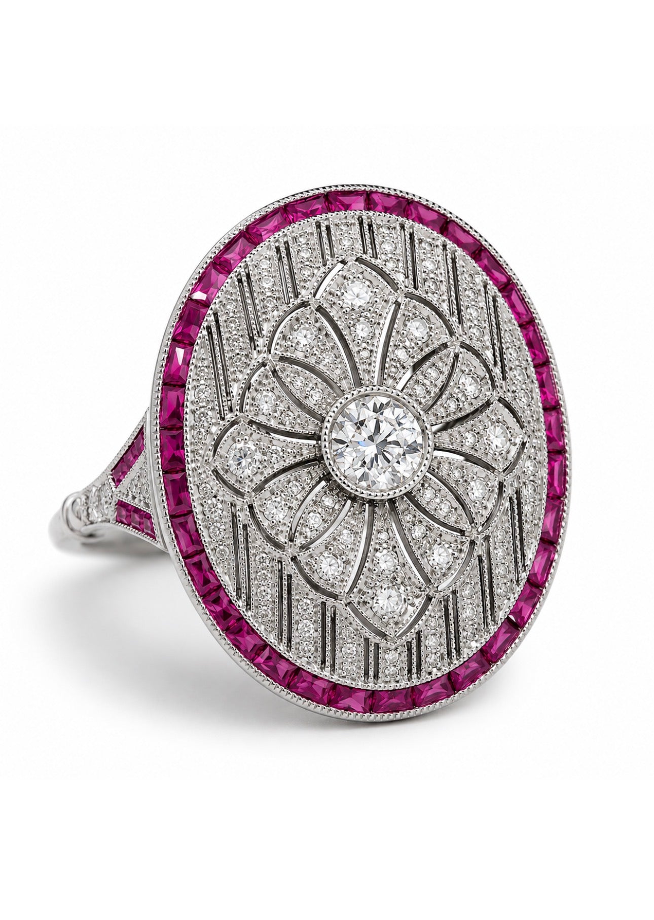 Art Deco Style Platinum Diamond, Calibre Ruby Plaque Ring, Old European Diamond 0.57 carats - overall diamond carat weight 2.07