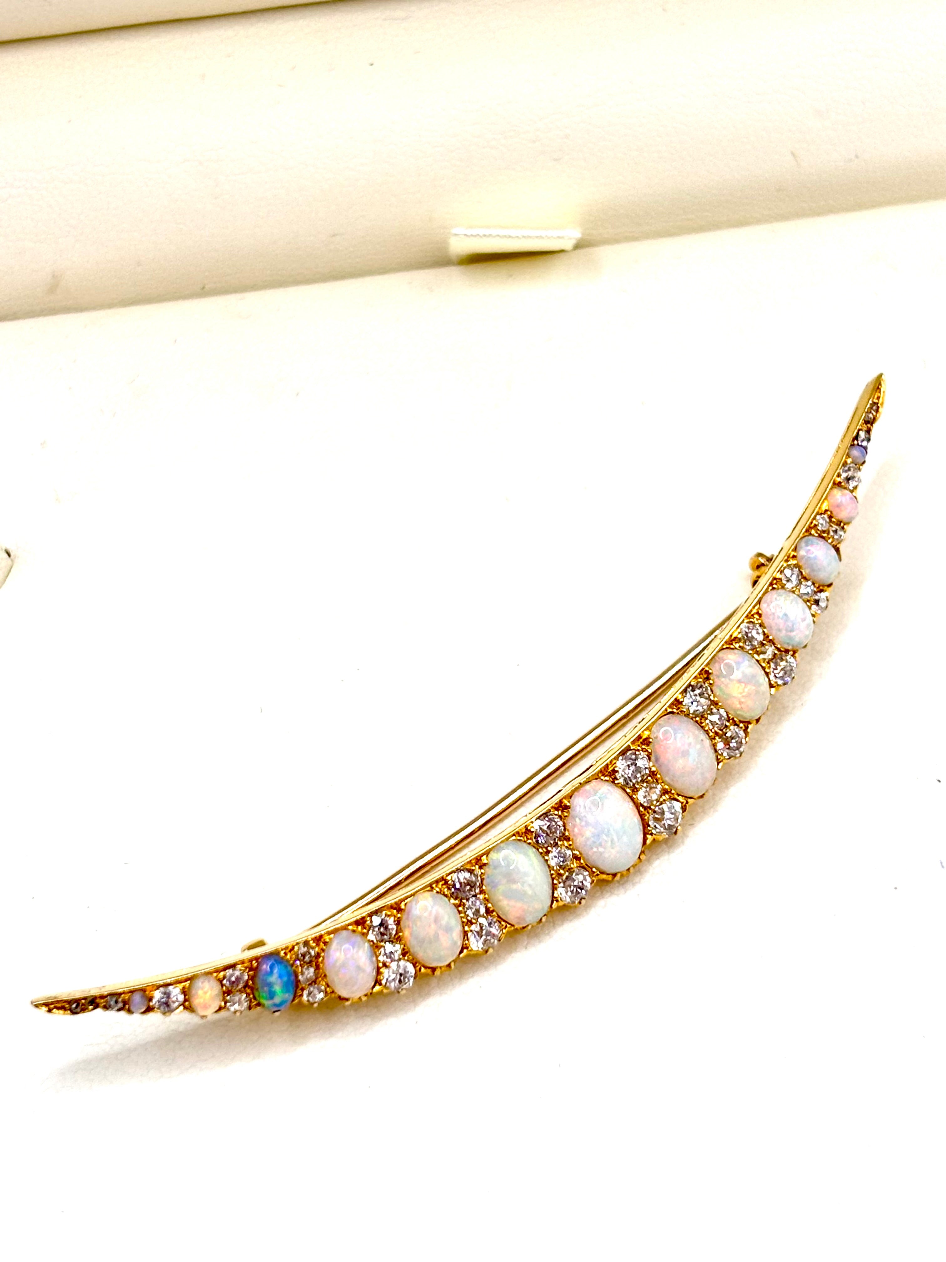 Edwardian 18K Gold Opal & Old Mine Cut Diamond Crescent Brooch, circa 1900