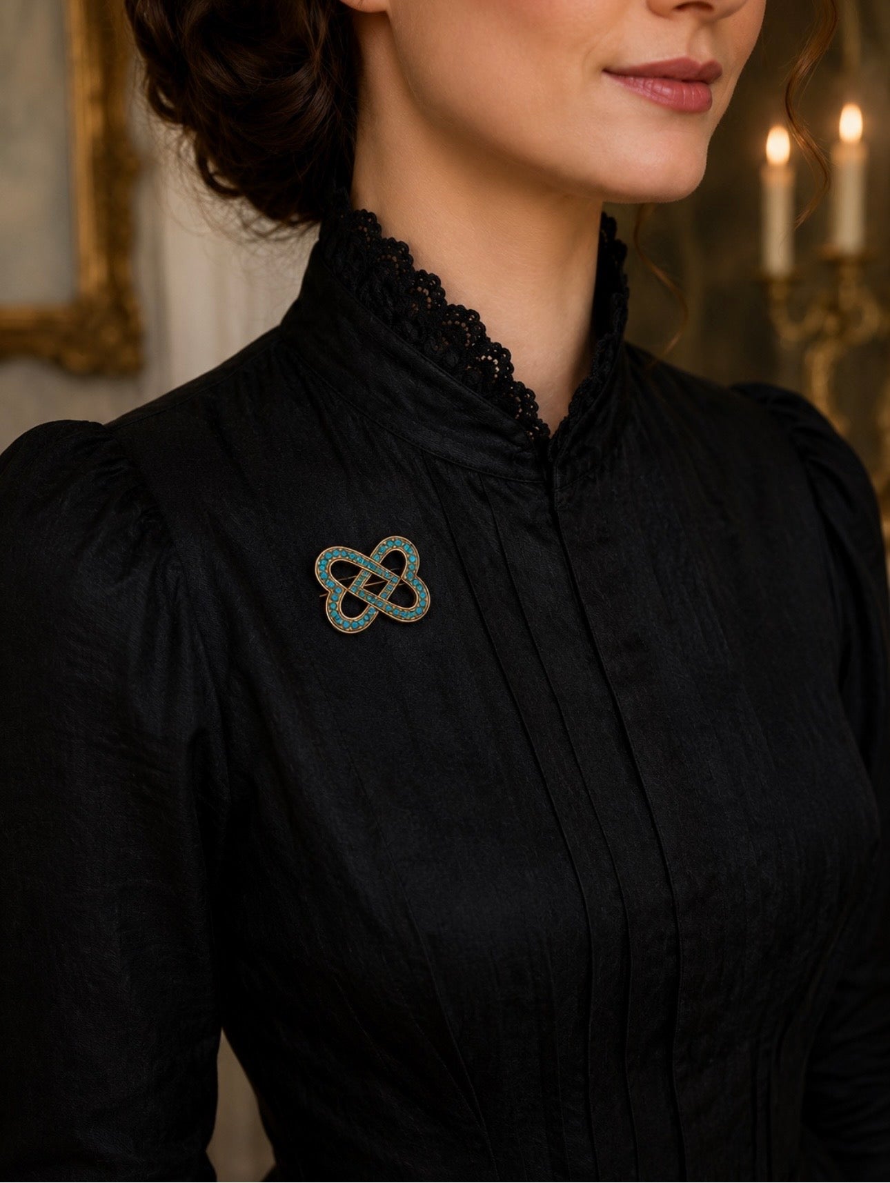 Victorian Turquoise 15ct Gold Double Heart Lover’s Knot Brooch, Circa 1880’s