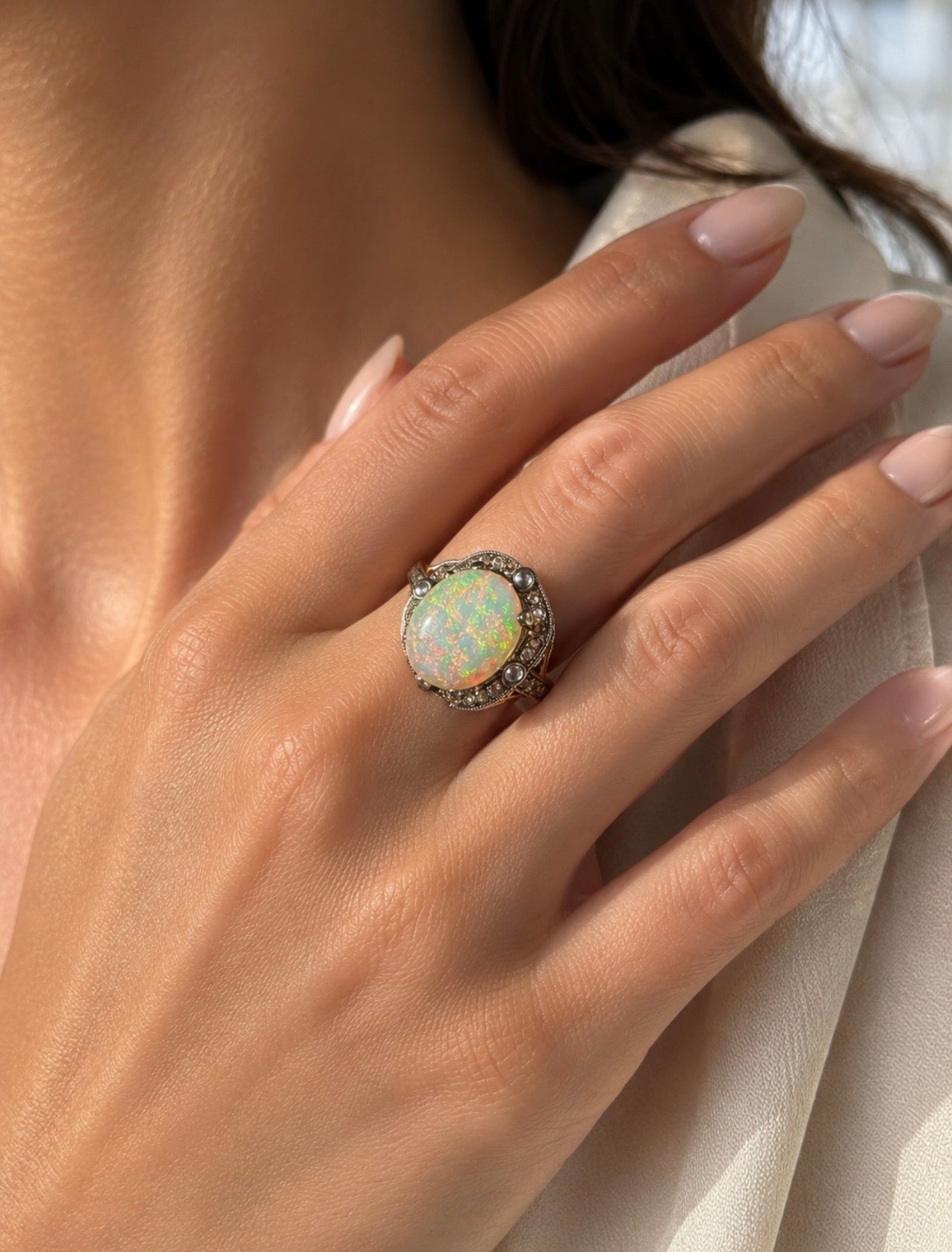 Late Victorian Certified 13.5 Carat Precious Opal Diamond Cluster Ring