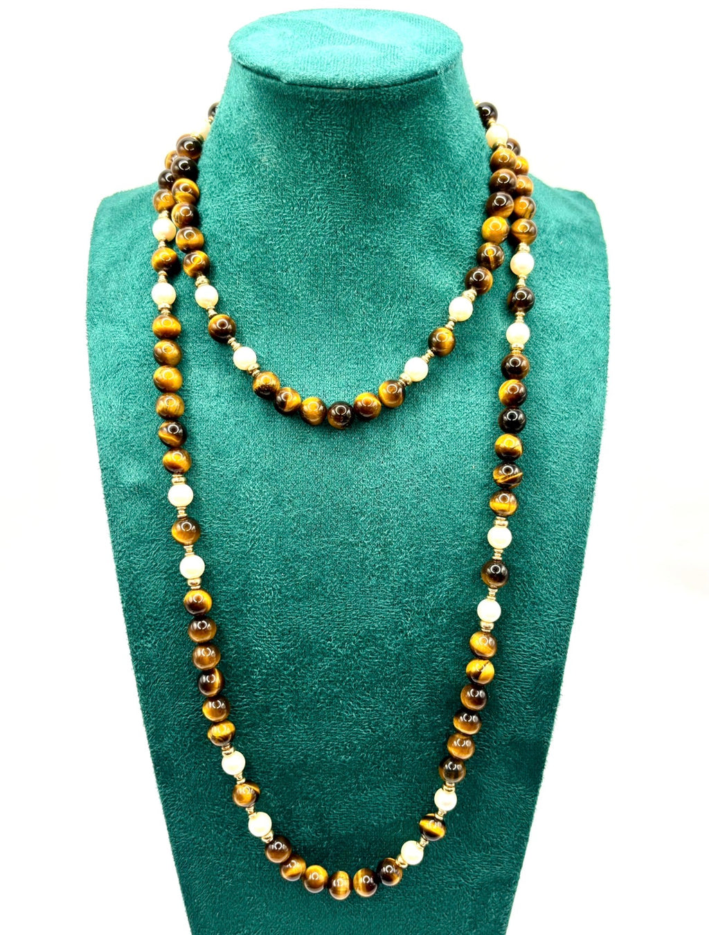 Vintage 90cm Long Tiger’s Eye, Pearl and Gold Continuous Bead Necklace