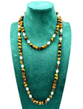 Vintage 90cm Long Tiger’s Eye, Pearl and Gold Continuous Bead Necklace