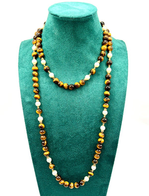 Vintage 90cm Long Tiger’s Eye, Pearl and Gold Continuous Bead Necklace