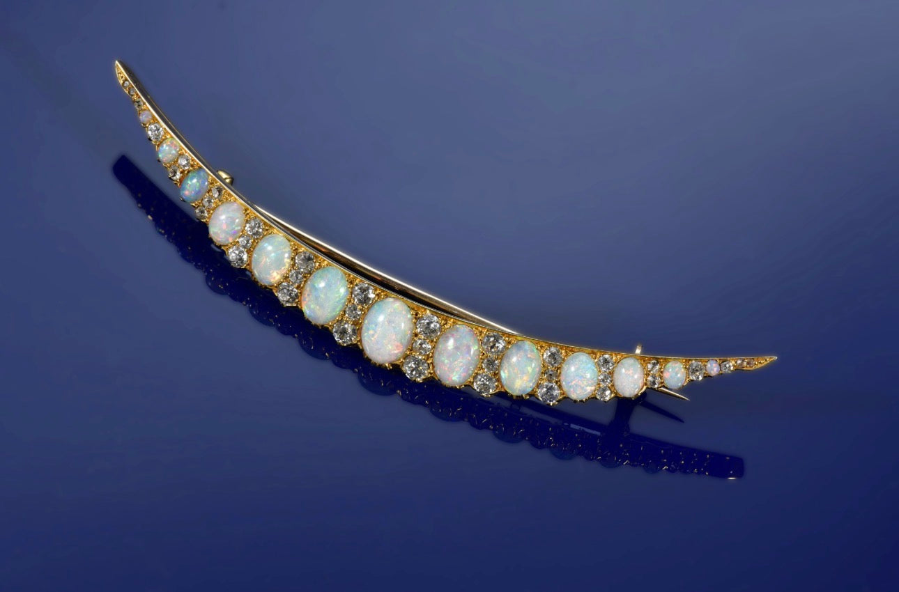 Edwardian 18K Gold Opal & Old Mine Cut Diamond Crescent Brooch, circa 1900