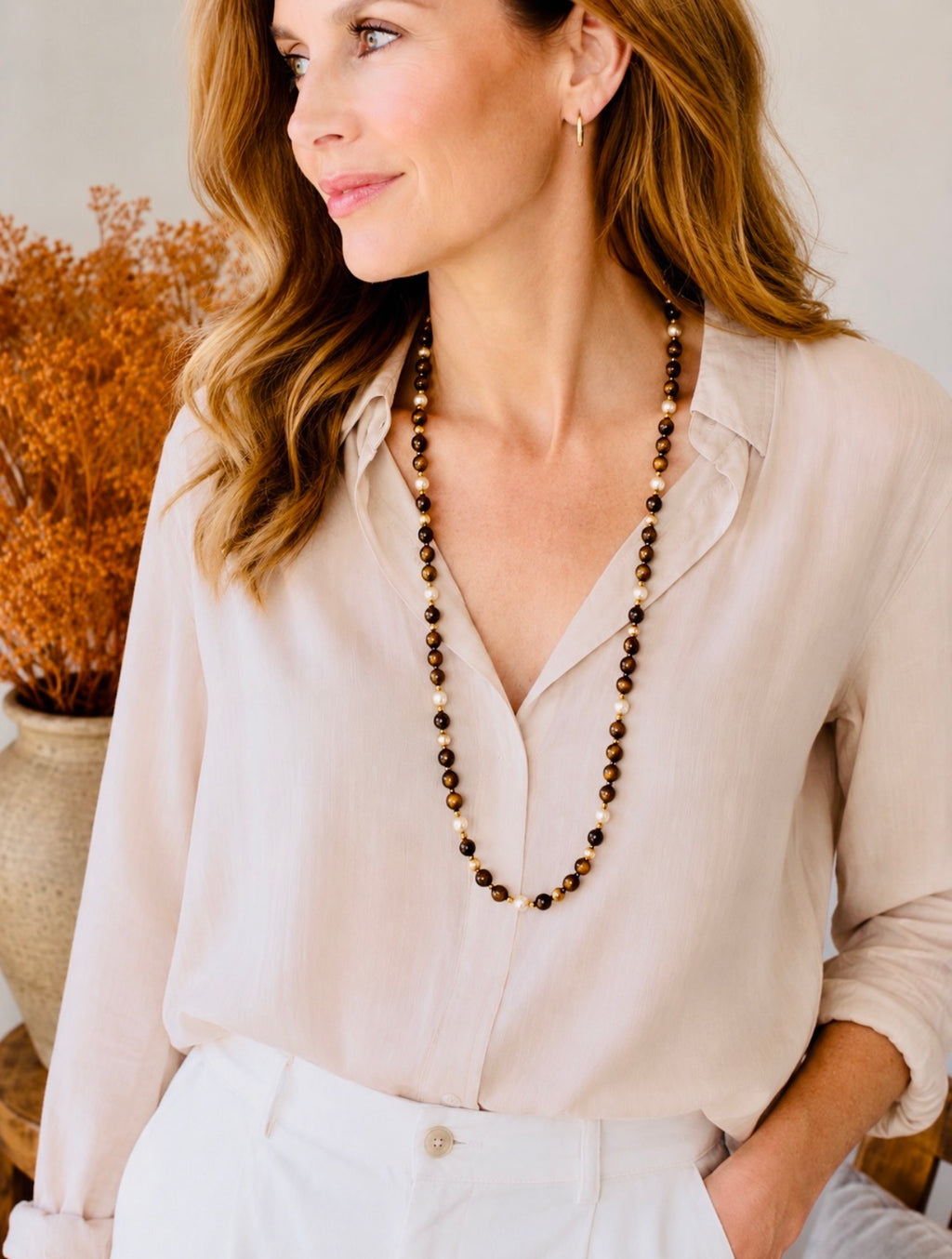 Vintage 90cm Long Tiger’s Eye, Pearl and Gold Continuous Bead Necklace