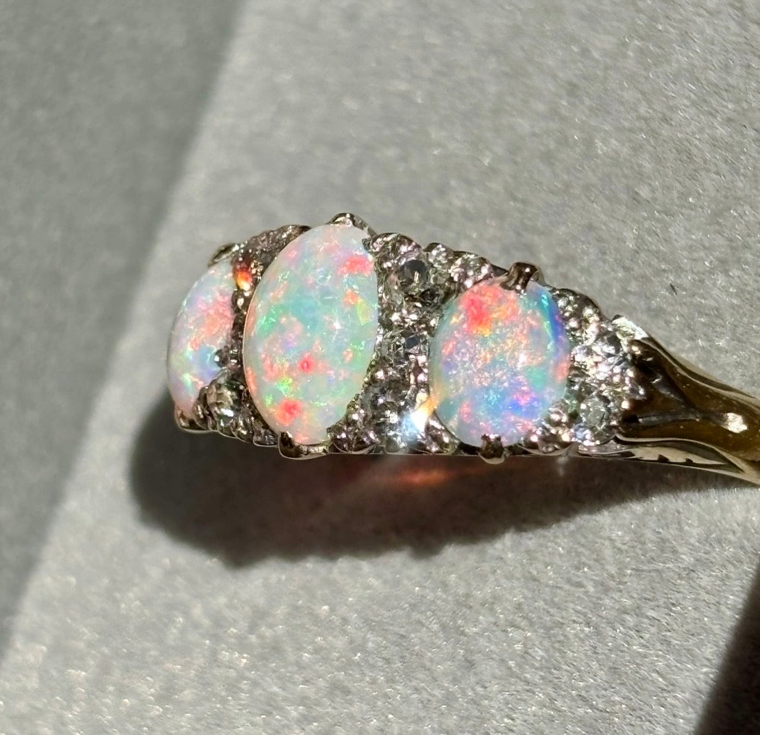 Antique Victorian Australian Opal & Old Cut Diamond Ring, Circa 1890s, 18ct Gold