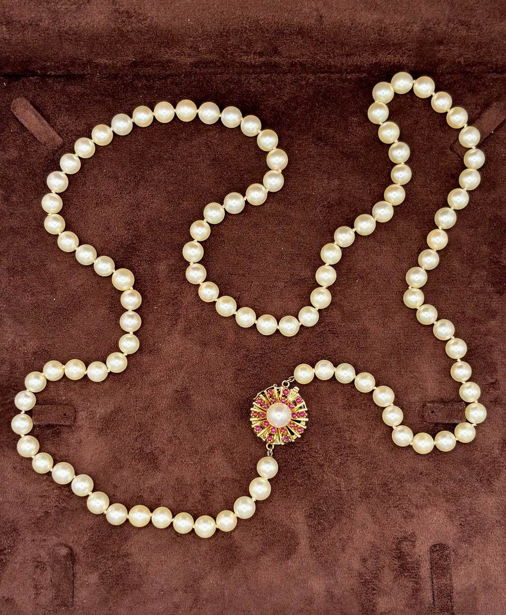 Akoya Cultured Pearl Opera Necklace, 7–8mm, 83cm, Gold & Ruby Clasp with Large Central Pearl