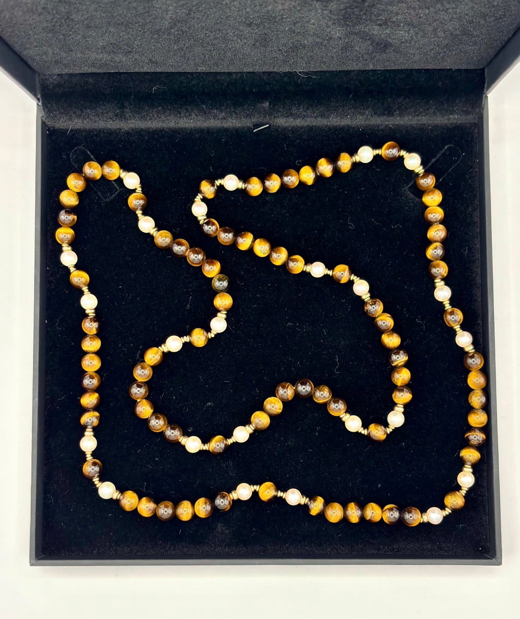 Vintage 90cm Long Tiger’s Eye, Pearl and Gold Continuous Bead Necklace