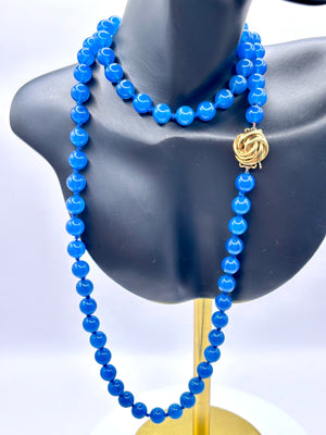 Vintage Blue Agate Bead Necklace, Gold Clasp, 71 cm Length, 53 grams