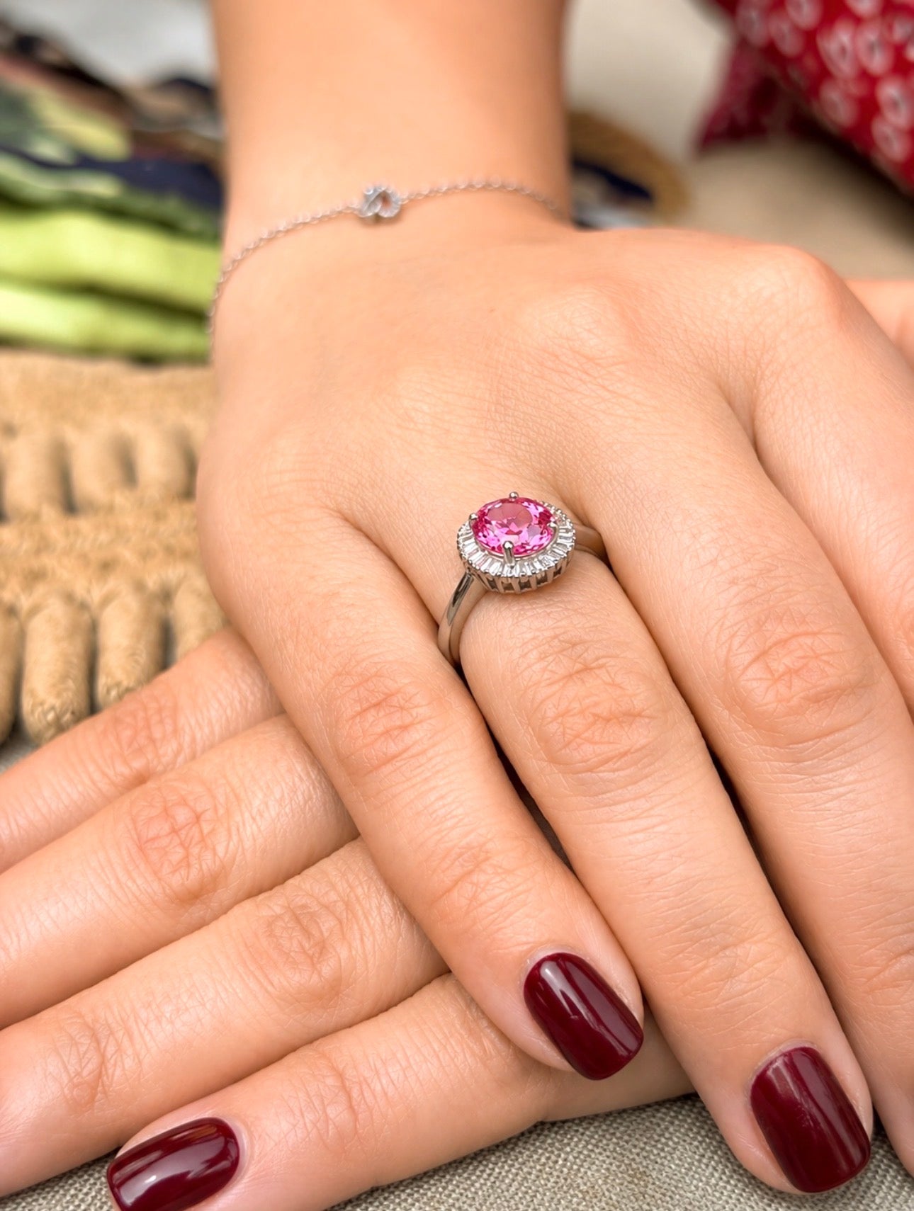 Natural Pink Sapphire Diamond Necklace and Ring Suite, GCS Certified