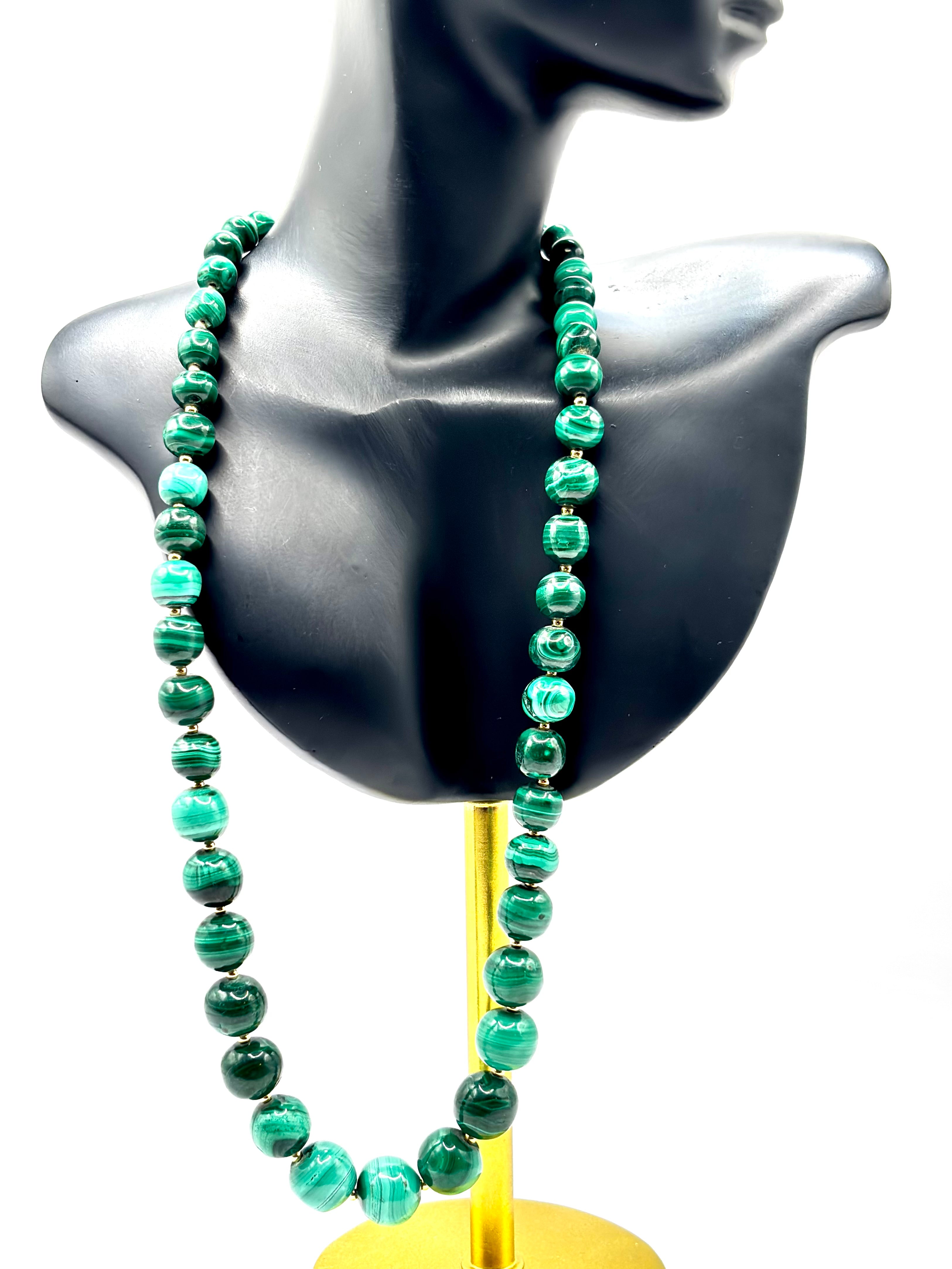 Vintage Malachite Bead Necklace, Graduated, 18k Gold Spacers & Clasp, 53cm long