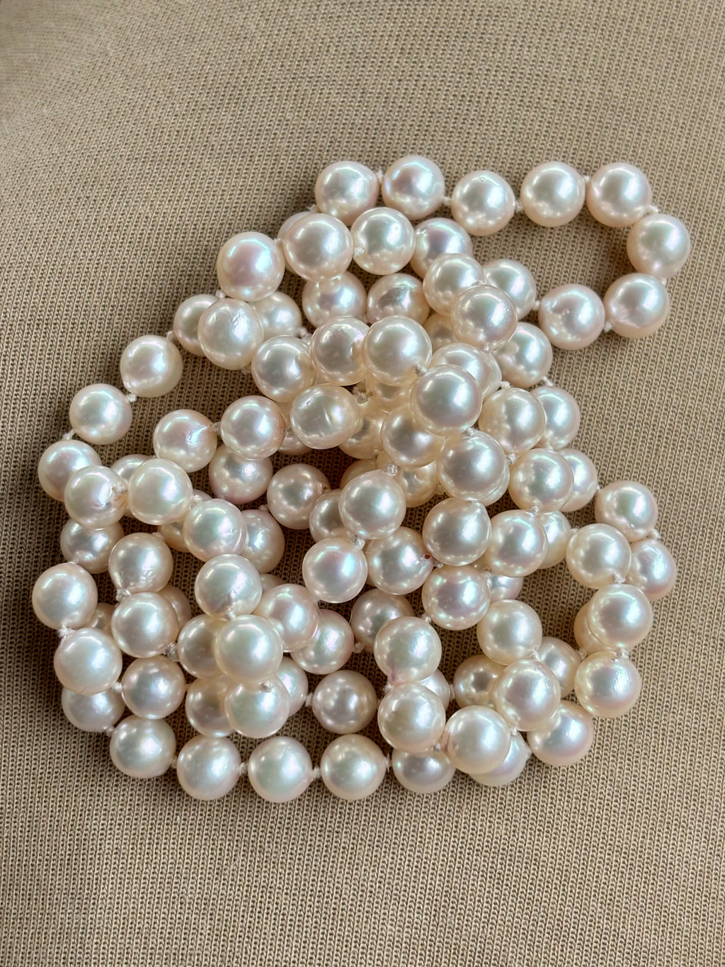 Akoya Cultured Pearl Long Necklace, 45cm (90cm overall) Opera Length, 7.1–7.3mm 120-125 pearls, White Strand with pink overtones
