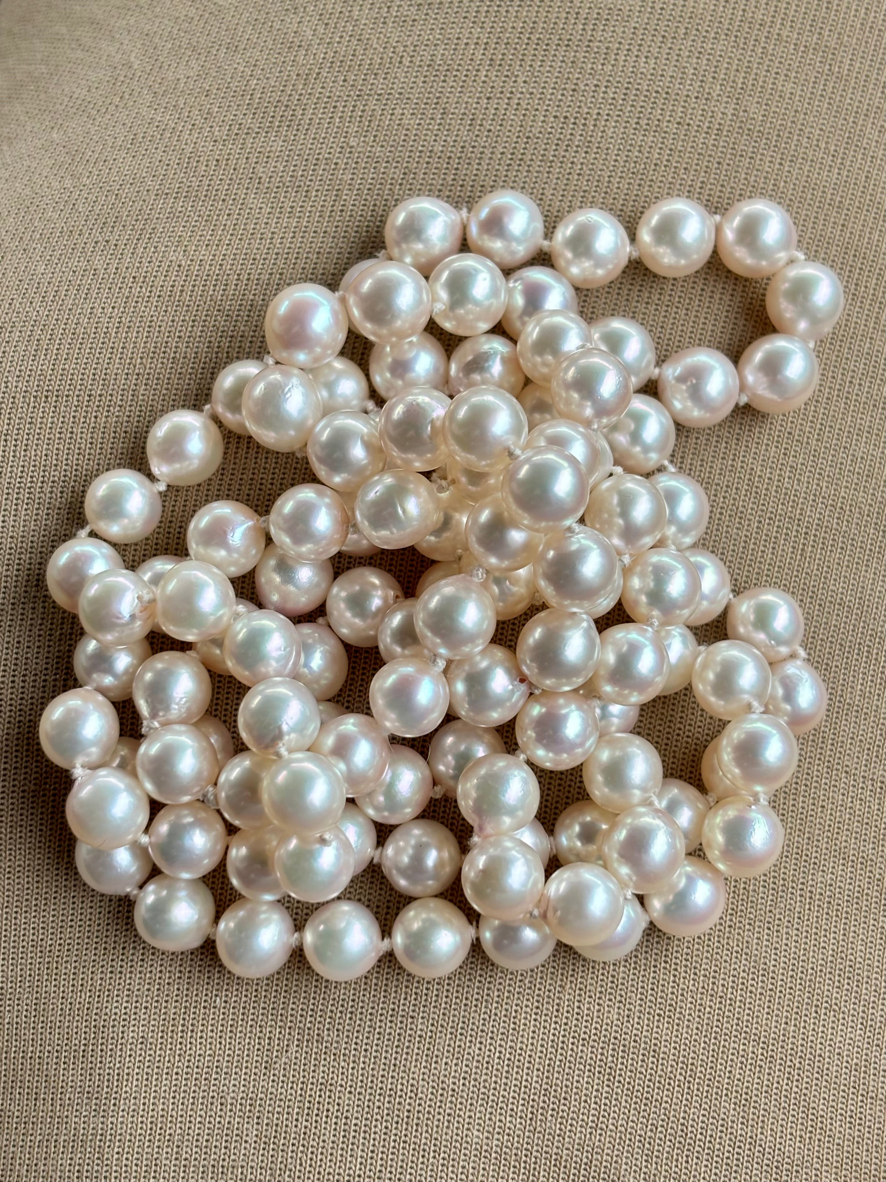 Akoya Cultured Pearl Long Necklace, 45cm (90cm overall) Opera Length, 7.1–7.3mm 120-125 pearls, White Strand with pink overtones