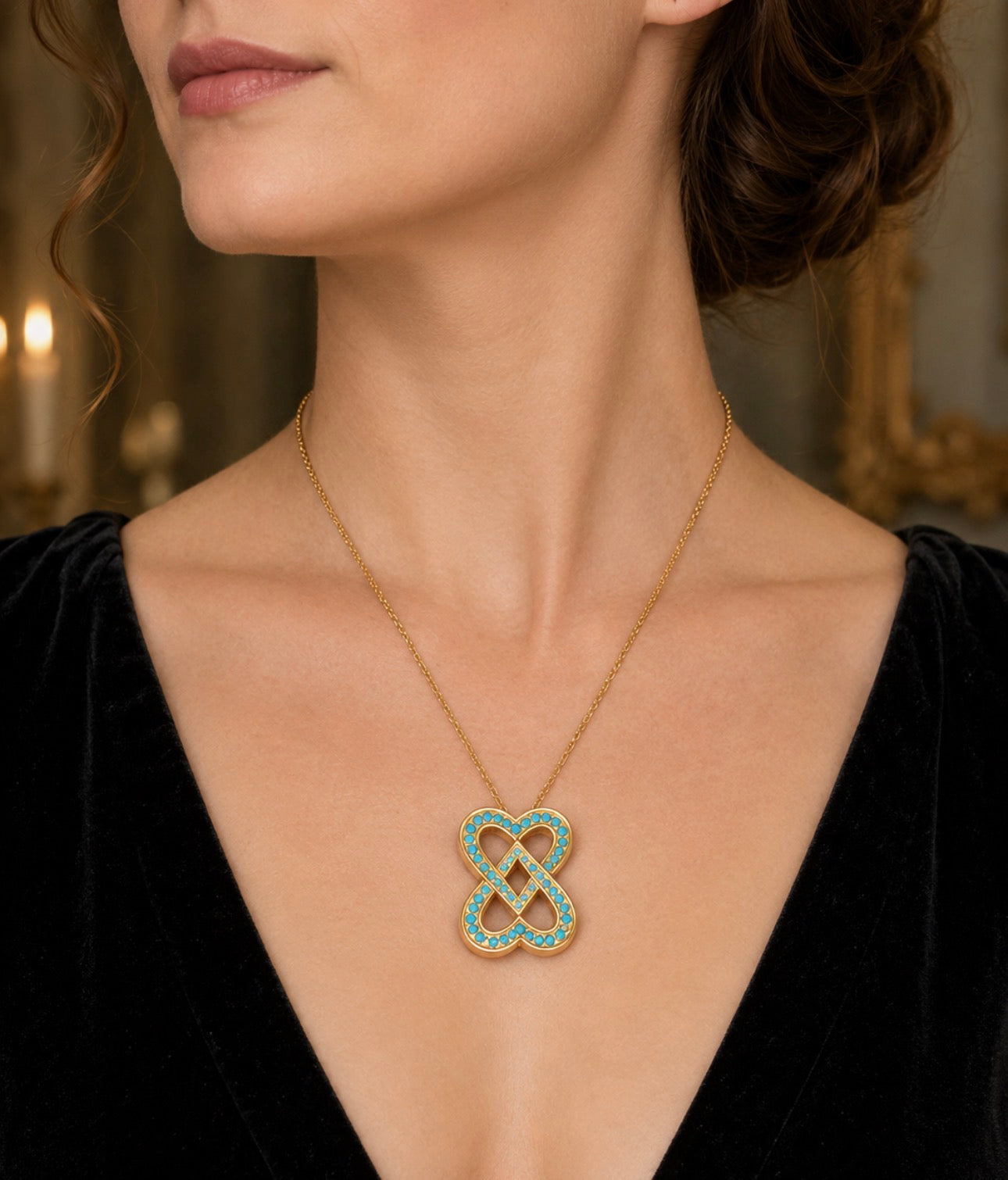 Victorian Turquoise 15ct Gold Double Heart Lover’s Knot Brooch, Circa 1880’s