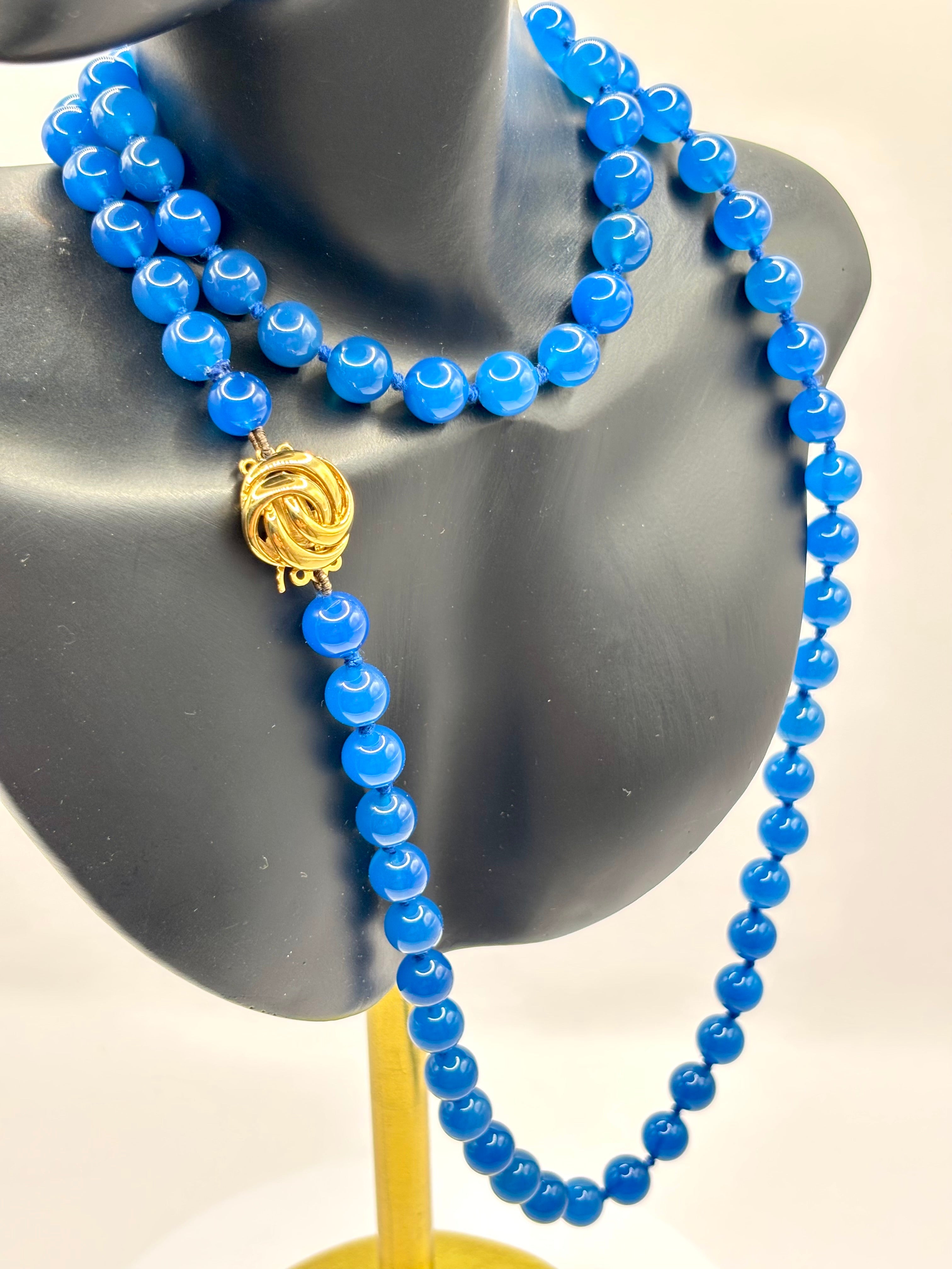 Vintage Blue Agate Bead Necklace, Gold Clasp, 71 cm Length, 53 grams