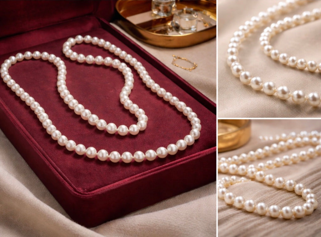 Akoya Cultured Pearl Long Necklace, 45cm (90cm overall) Opera Length, 7.1–7.3mm 120-125 pearls, White Strand with pink overtones