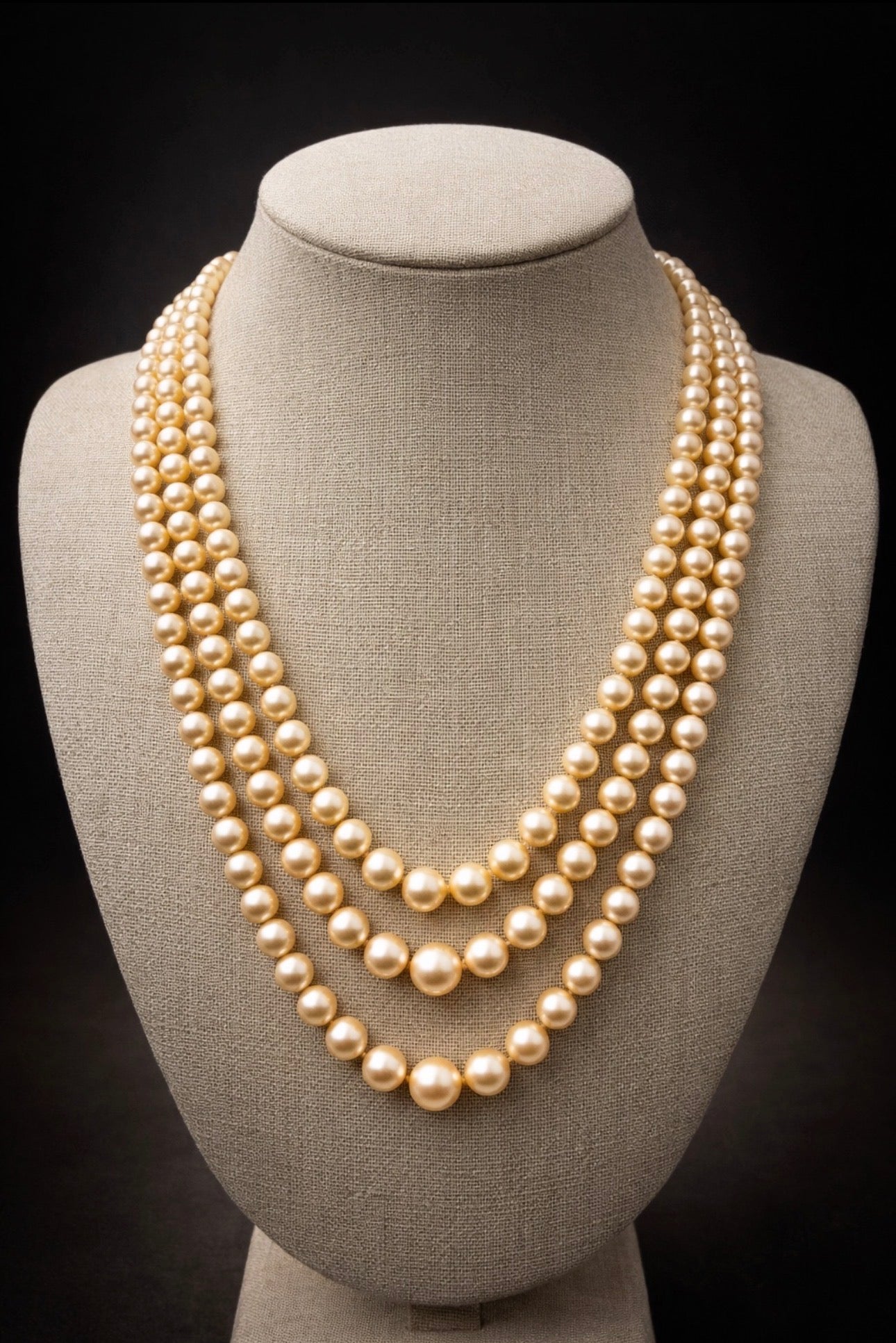 Vintage Triple-Strand Cultured Akoya Pearl Necklace 18K Carat Diamond Sapphire Bow Clasp, Circa 1960’s