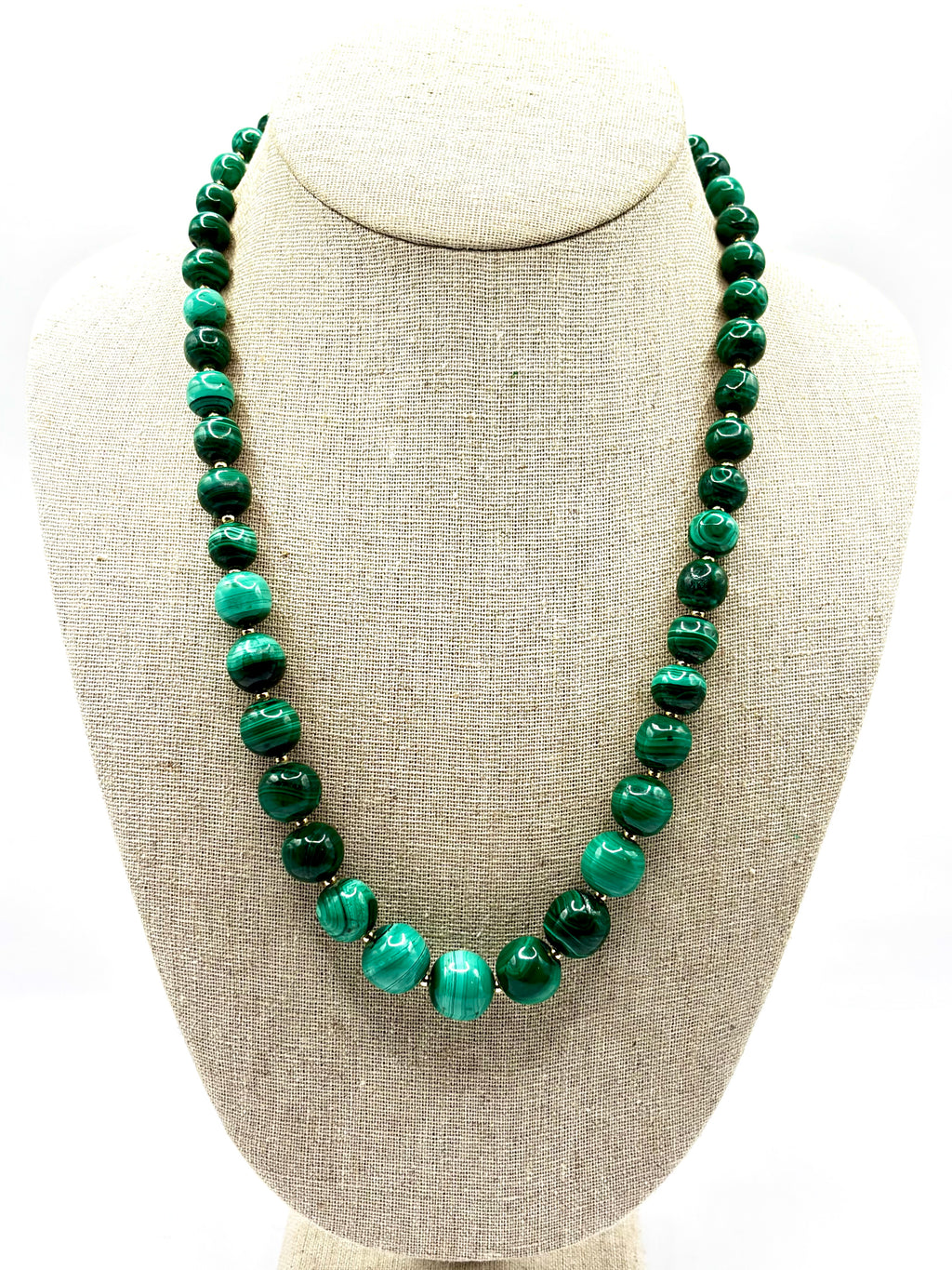 Vintage Malachite Bead Necklace, Graduated, 18k Gold Spacers & Clasp, 53cm long