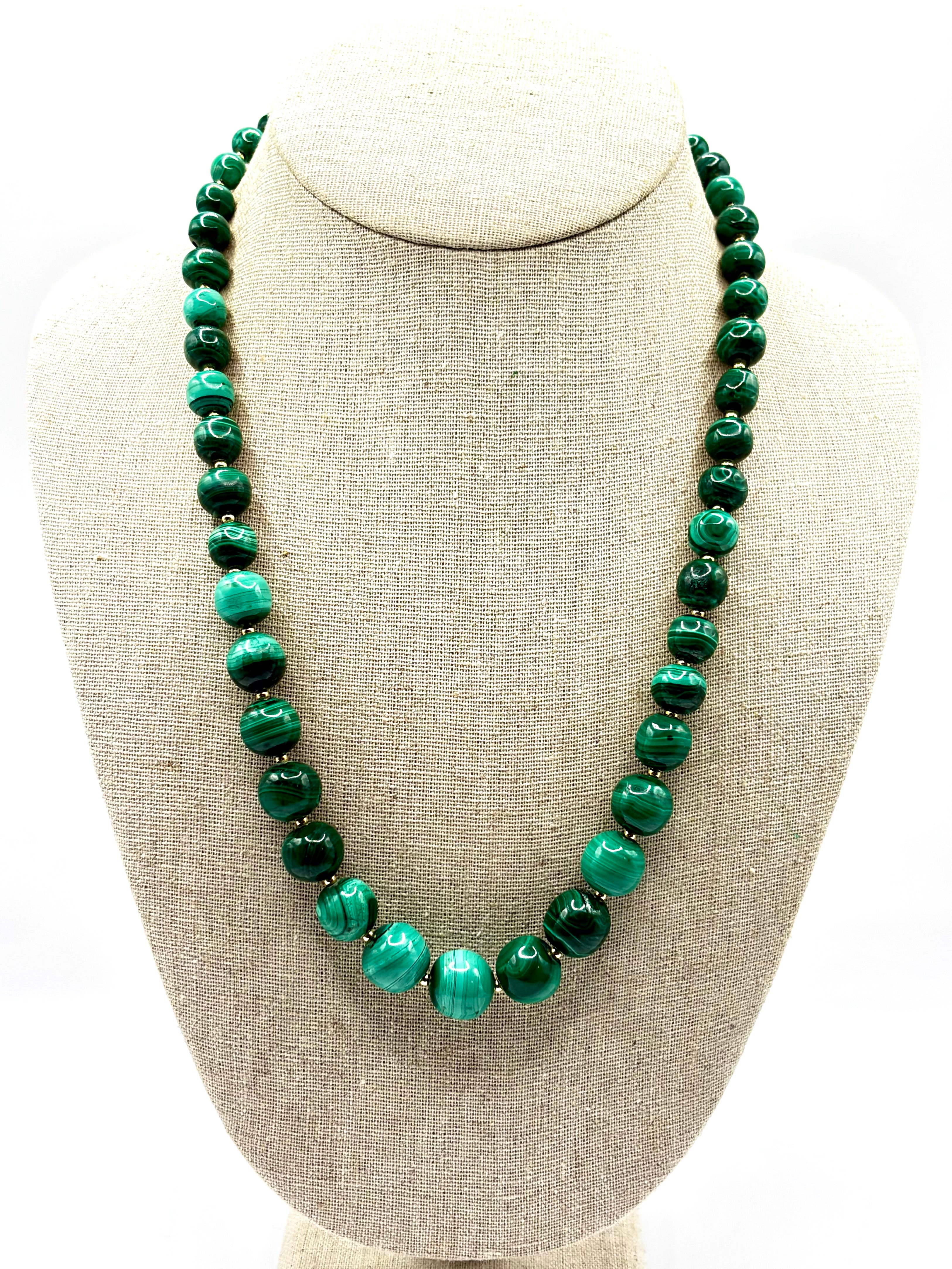Vintage Malachite Bead Necklace, Graduated, 18k Gold Spacers & Clasp, 53cm long