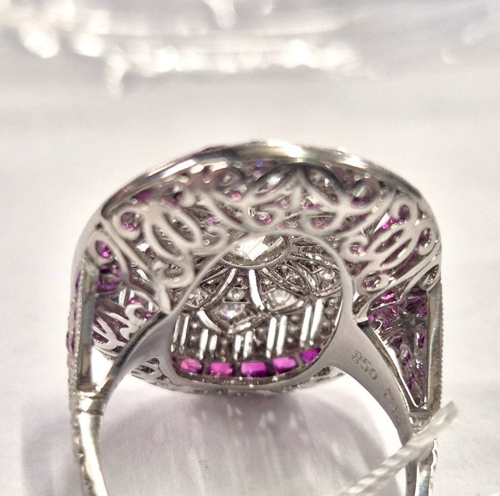 Art Deco Style Platinum Diamond, Calibre Ruby Plaque Ring, Old European Diamond 0.57 carats - overall diamond carat weight 2.07