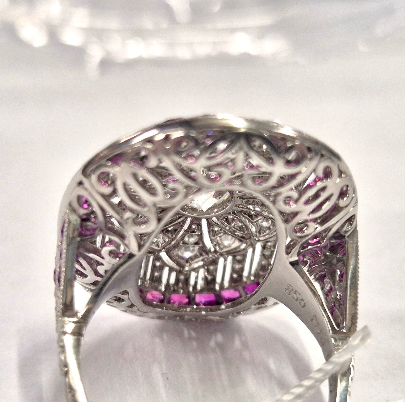Art Deco Style Platinum Diamond, Calibre Ruby Plaque Ring, Old European Diamond 0.57 carats - overall diamond carat weight 2.07