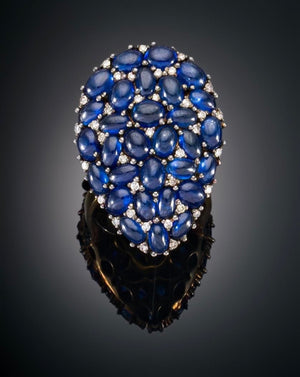Natural Sapphire Cabochon and Diamond Statement Cocktail Ring, 13 Carats, 18K Gold & SIlver