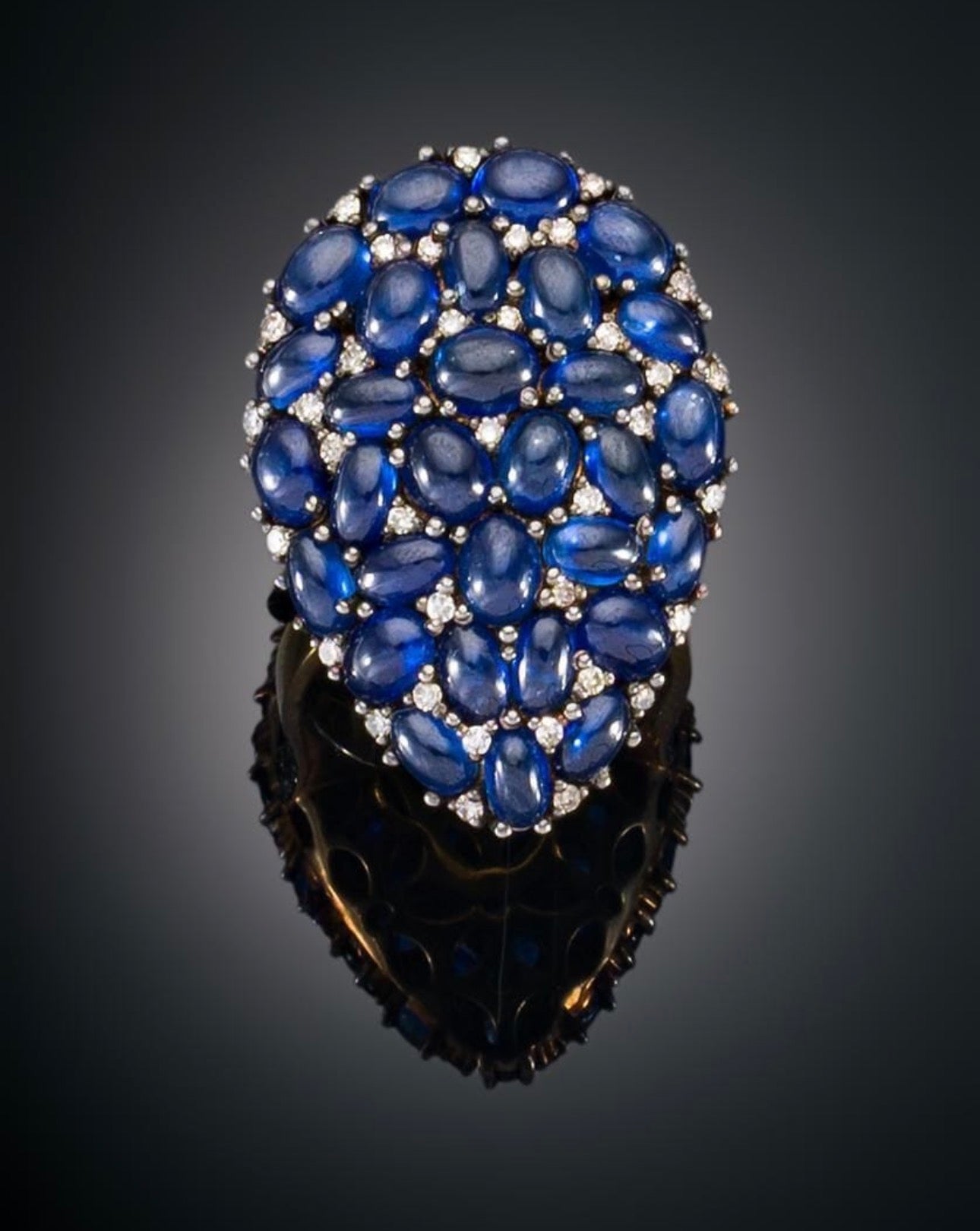Natural Sapphire Cabochon and Diamond Statement Cocktail Ring, 13 Carats, 18K Gold & SIlver