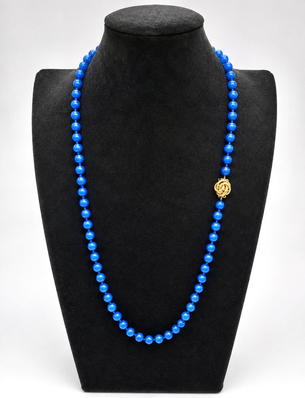 Vintage Blue Agate Bead Necklace, Gold Clasp, 71 cm Length, 53 grams