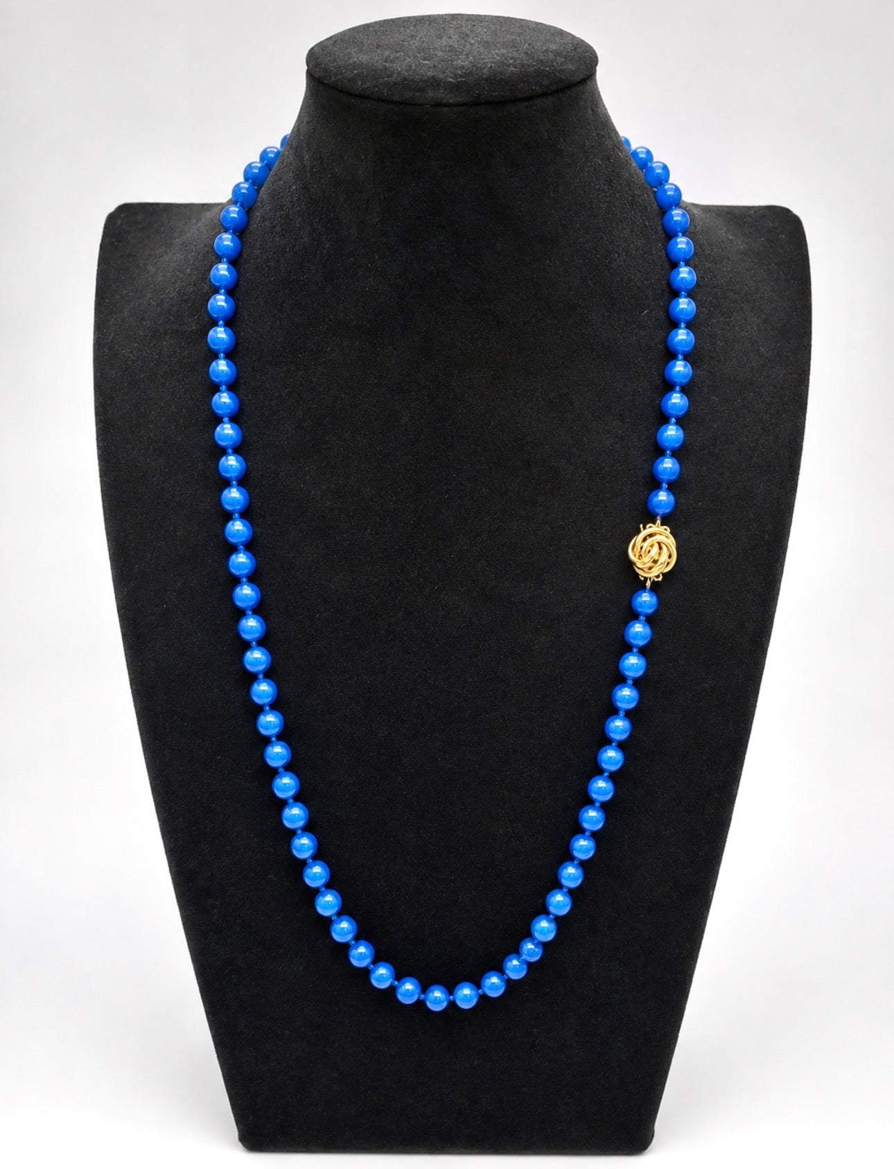 Vintage Blue Agate Bead Necklace, Gold Clasp, 71 cm Length, 53 grams